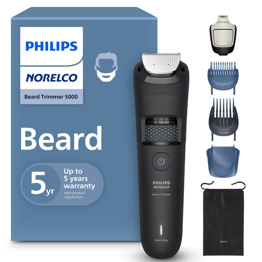 Cortadora de Barba Norelco Philips Serie 5000 Impermeable Esfera de Precisión 40 Ajustes Cuchillas Autoafilables Colector de Barba