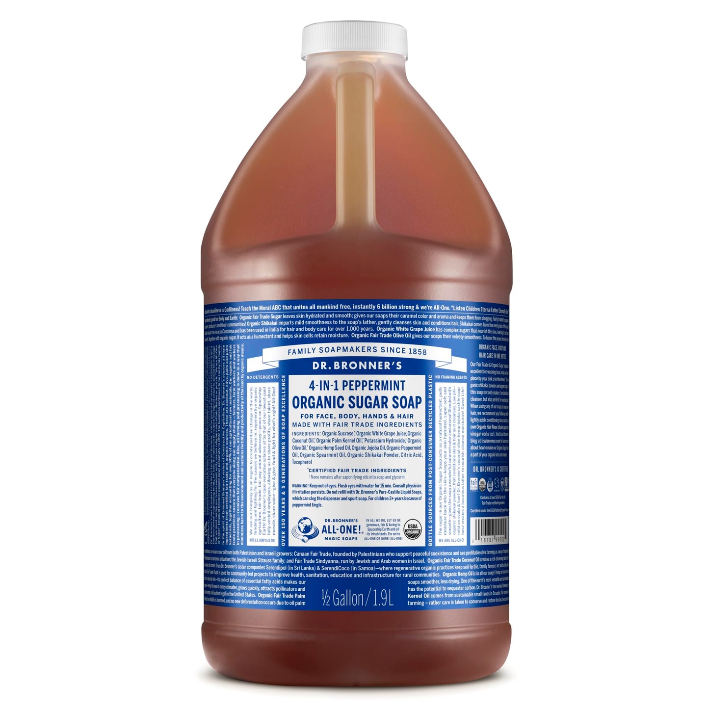 Dr. Bronner's | Jabón líquido de azúcar orgánico, elaborado con aceites vegetales, Shikakai y azúcar, usos 4 en 1: manos, cuerpo, rostro y cabello; limpia, hidrata y nutre - Menta, 1.9 L