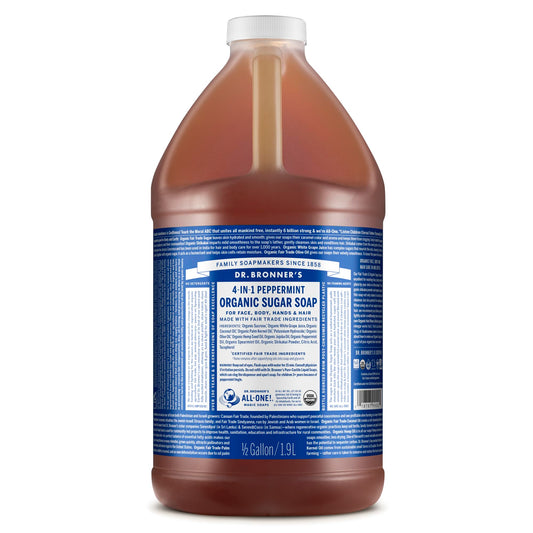 Dr. Bronner's | Jabón líquido de azúcar orgánico, elaborado con aceites vegetales, Shikakai y azúcar, usos 4 en 1: manos, cuerpo, rostro y cabello; limpia, hidrata y nutre - Menta, 1.9 L
