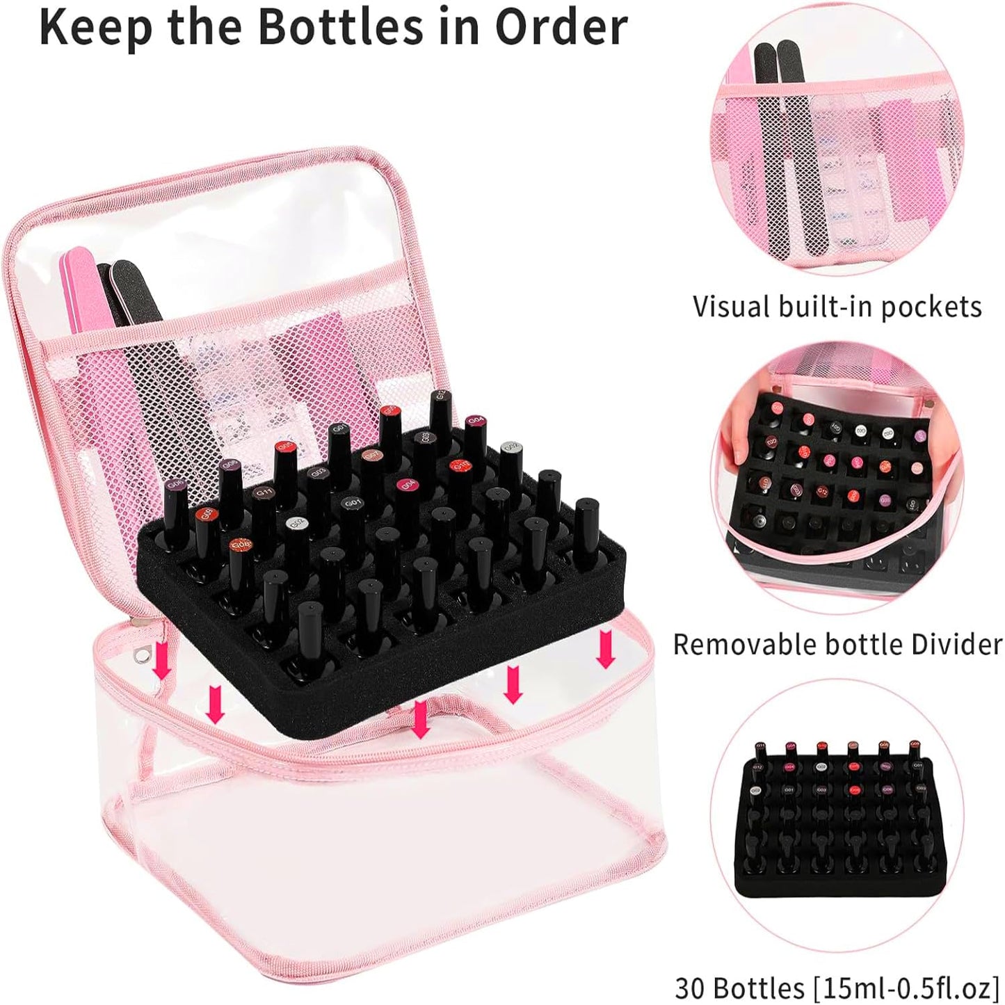 Beloving - Organizador de esmalte de uñas transparente con capacidad para 30 botellas, estuche de esmalte de uñas de PVC, suministros de uñas transparentes con herramientas de manicura, secciones de