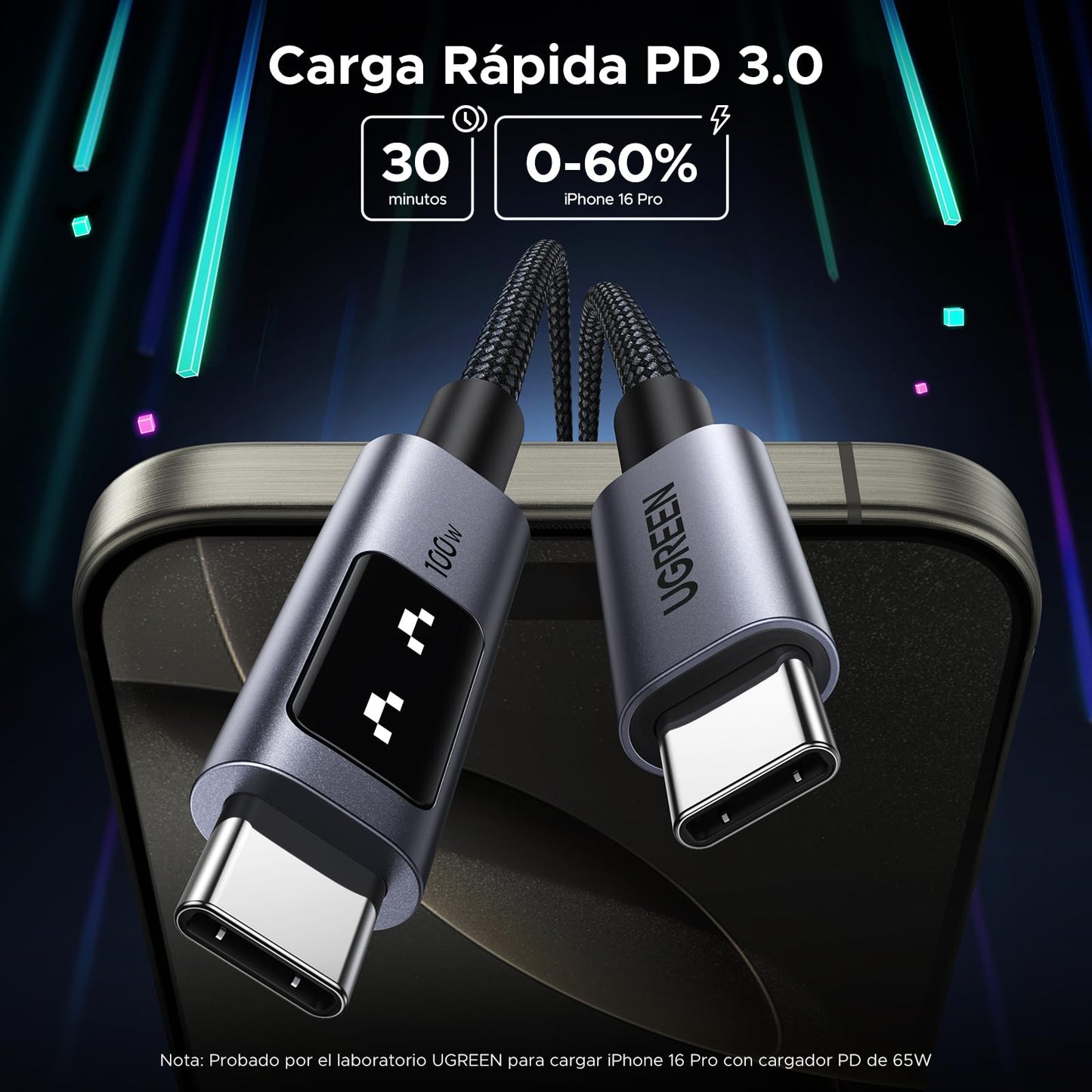 UGREEN UNO Cable USB C a USB C 100W (5A/20V) Tipo C PPS Carga Rápida PD 3.0 Pantalla Compatible con M4 MacBook Pro Air, iPad 2024, iPhone Air 17 16 15, Galaxy S25 S24 Ultra, Pixel 10 9 8, 0.5M, Negro