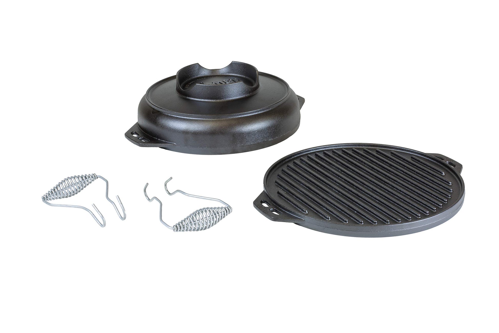 Lodge Cast Iron Cook-It-All Kit. Five-Piece Cast Iron Set Includes a Reversible Grill/Griddle 14 Inch, 6.8 Quart Bottom/Wok, Two Heavy Duty Handles, and a Tips & Tricks Booklet.