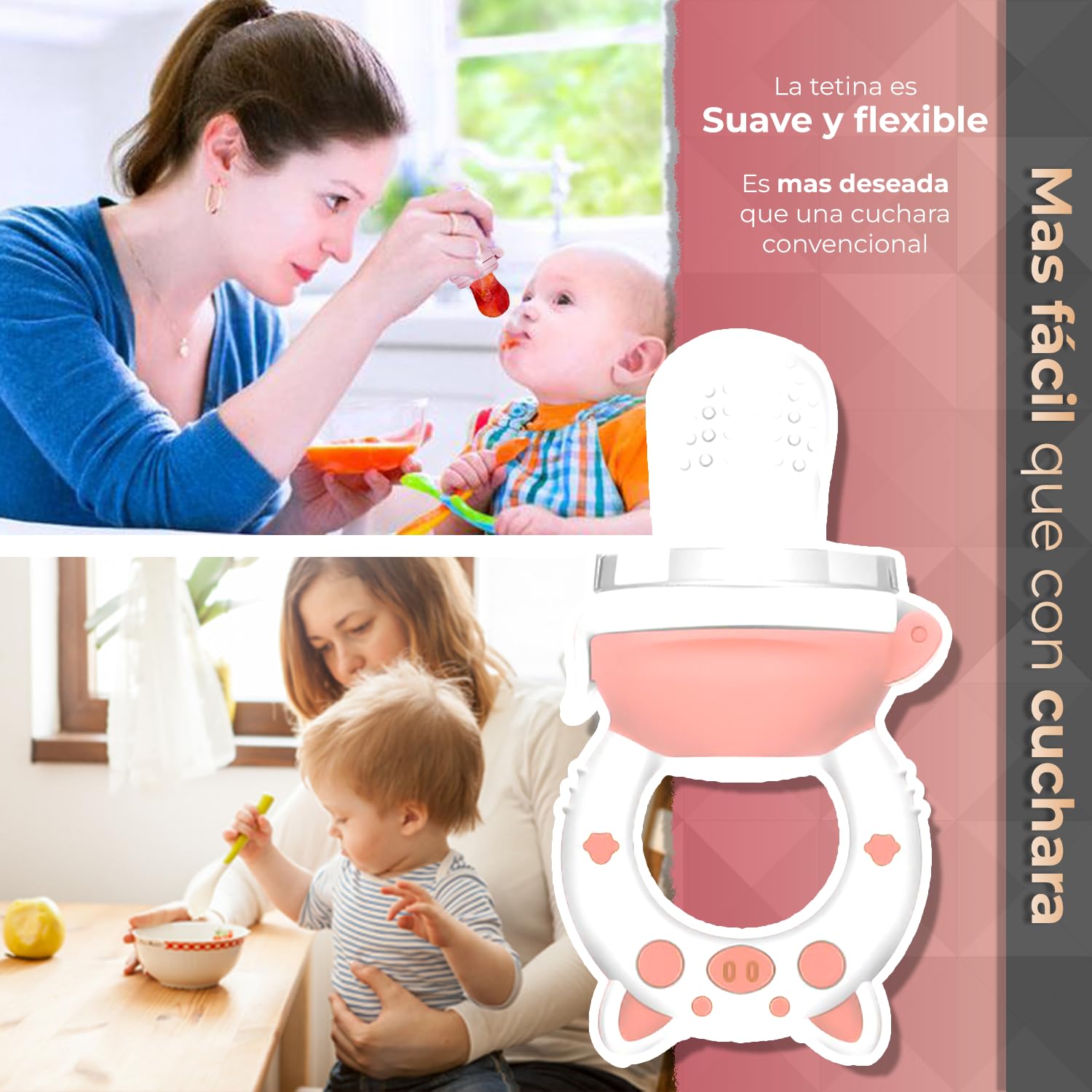 Chupón Para Fruta Y Papilla Sweet Baby Rosa Blanco con Seguro y Tapa dibujos animados, Libre de BPA