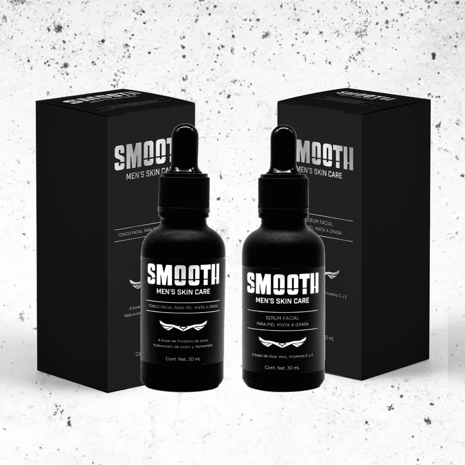 SMOOTH Kit Dúo Radiante para hombres | Tónico facial de hialuronato de sodio y Sérum Facial de Vitamina C | Hidrata, Tonifica y Desinflama, Antioxidante, Hidratante, Reduce líneas de Expresión y Disminuye Arrugas | 2 frascos de 30 ml | Uso Día y Noche