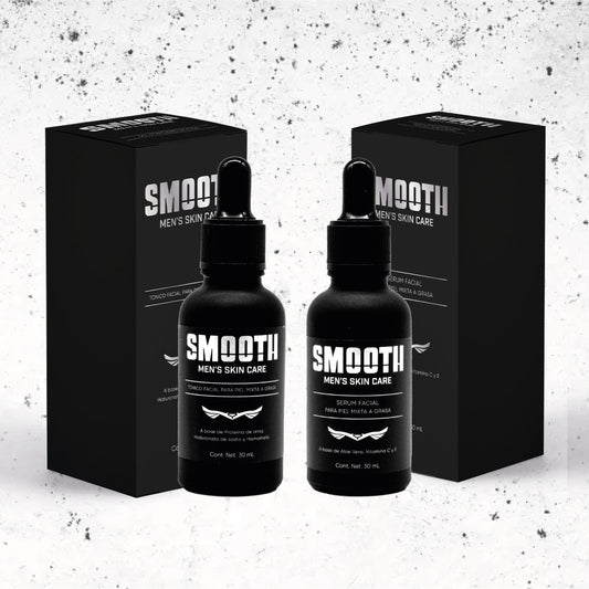 SMOOTH Kit Dúo Radiante para hombres | Tónico facial de hialuronato de sodio y Sérum Facial de Vitamina C | Hidrata, Tonifica y Desinflama, Antioxidante, Hidratante, Reduce líneas de Expresión y Disminuye Arrugas | 2 frascos de 30 ml | Uso Día y Noche