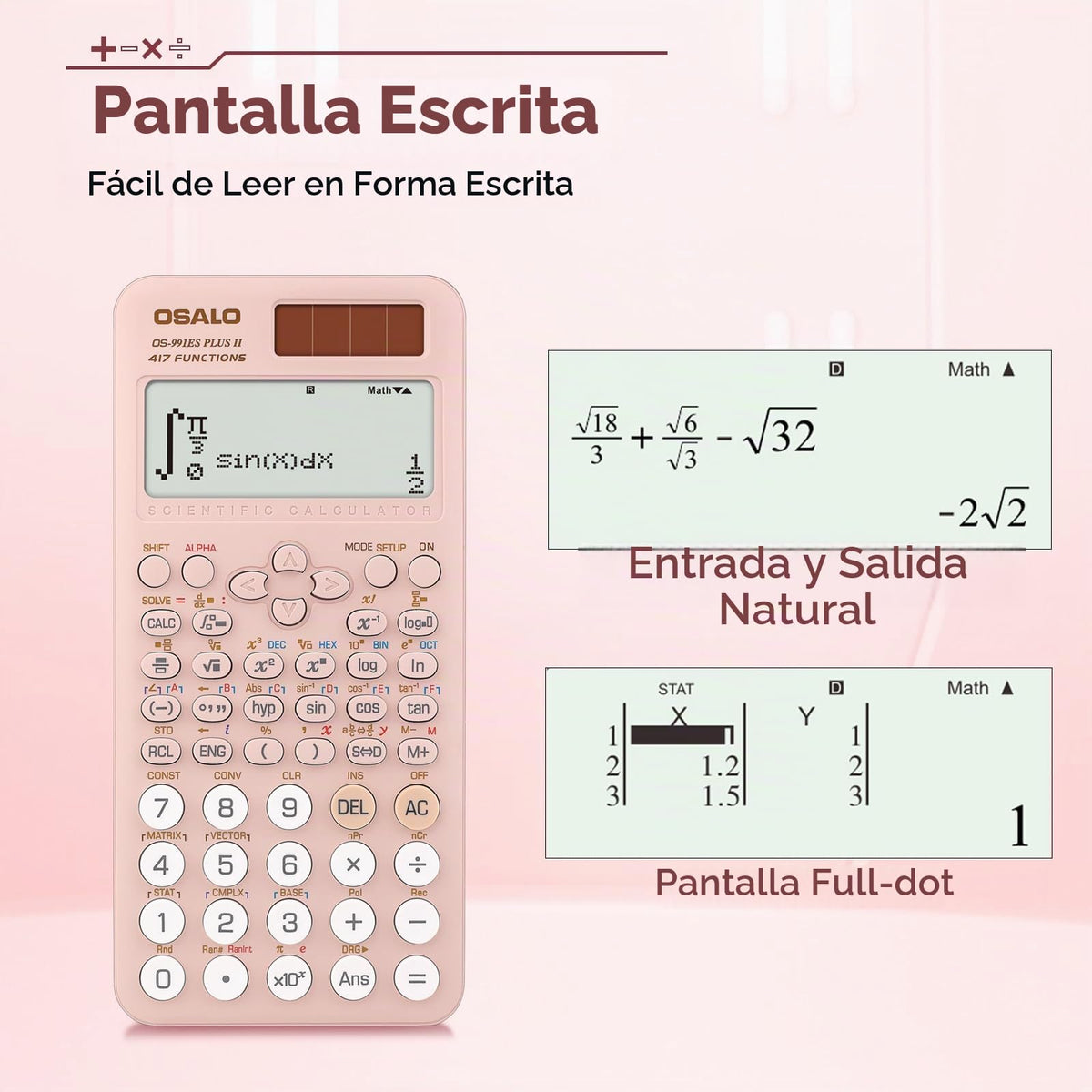 Calculadora Científica pendancy Rosa 417 Funciones Pantalla de 2 Líneas 12 Dígitos 991es Plus 2 para Estudiantes y Universitarios