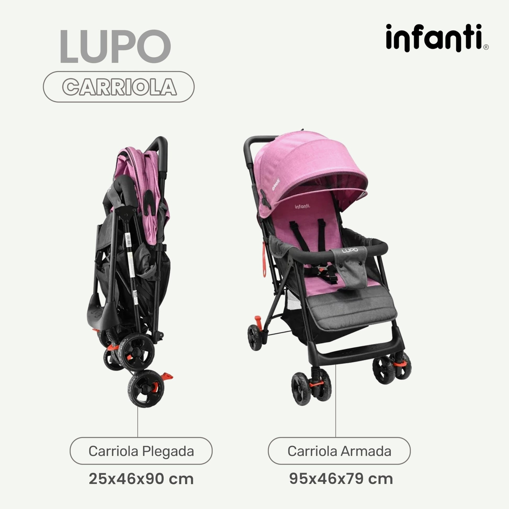 INFANTI | Carriola para Bebe Lupo Rosa | Carriola De Viaje para Bebé - Carreola con Arnés de 5 Puntos - Reclinación Ajustable | Toldo Completo con Visera - Barra de Seguridad y Ruedas con Seguro