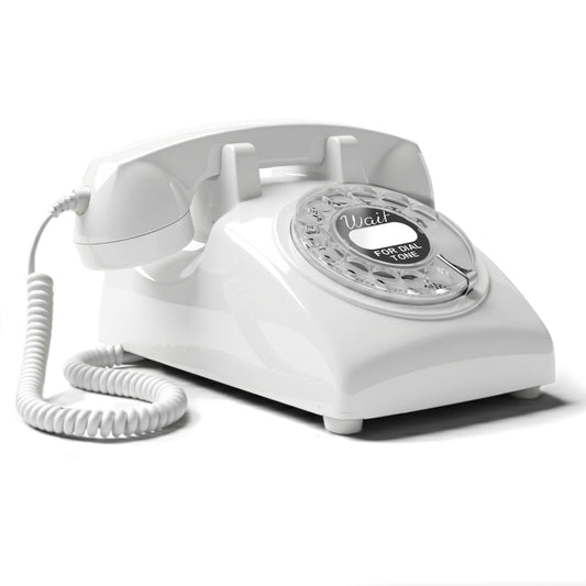 Opis Technology Cable 60s - Teléfono de escritorio giratorio retro de línea fija - Estilo antiguo vintage de los años 60 con campana de metal real - Blanco
