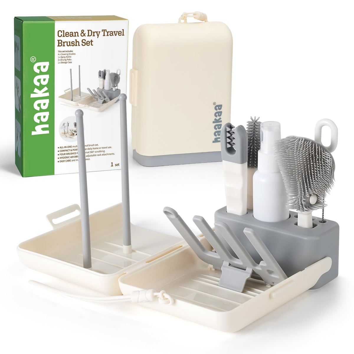 haakaa - Juego de cepillos para botellas de viaje, 7 en 1, kit de limpieza de biberones con cepillo para polvo de biberones, cepillo para polvo de 360°, cepillo para polvo de pajita, cepillo para