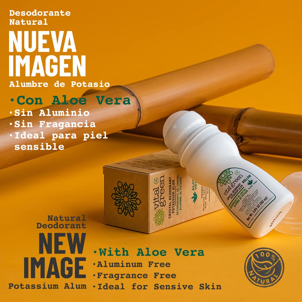 Vital Green - Desodorante Natural de Piedra Cristal de Alumbre de Potasio con Aloe Vera. Ideal Para Piel Sensible. Elimina El Olor y No Mancha. Presentación roll on 90 g - 3 fl oz (1 Unidad)