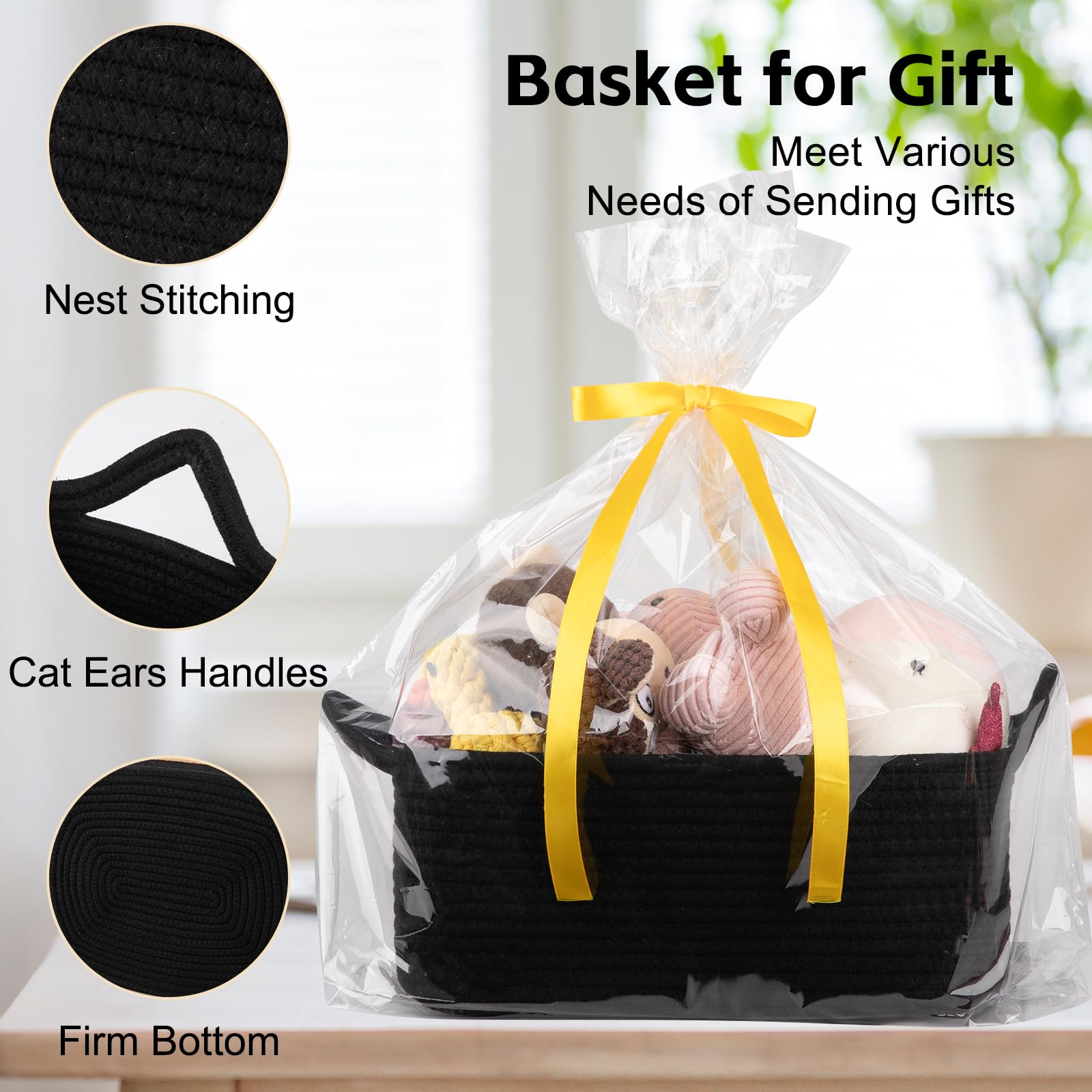 OIAHOMY - Cesta de regalo vacía con bolsas de regalo y cintas, cesta de cuerda para baby shower, cesta de almacenamiento con asas para guardería, cesta de juguetes para mascotas, color negro