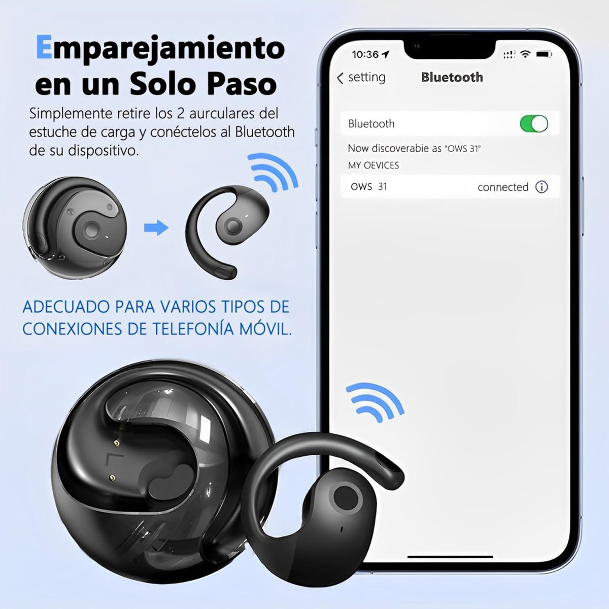 Auriculares Bluetooth TGHVCQ Amarillo Pálido y Negro Hi-Fi Deportivos con Estuche de Carga