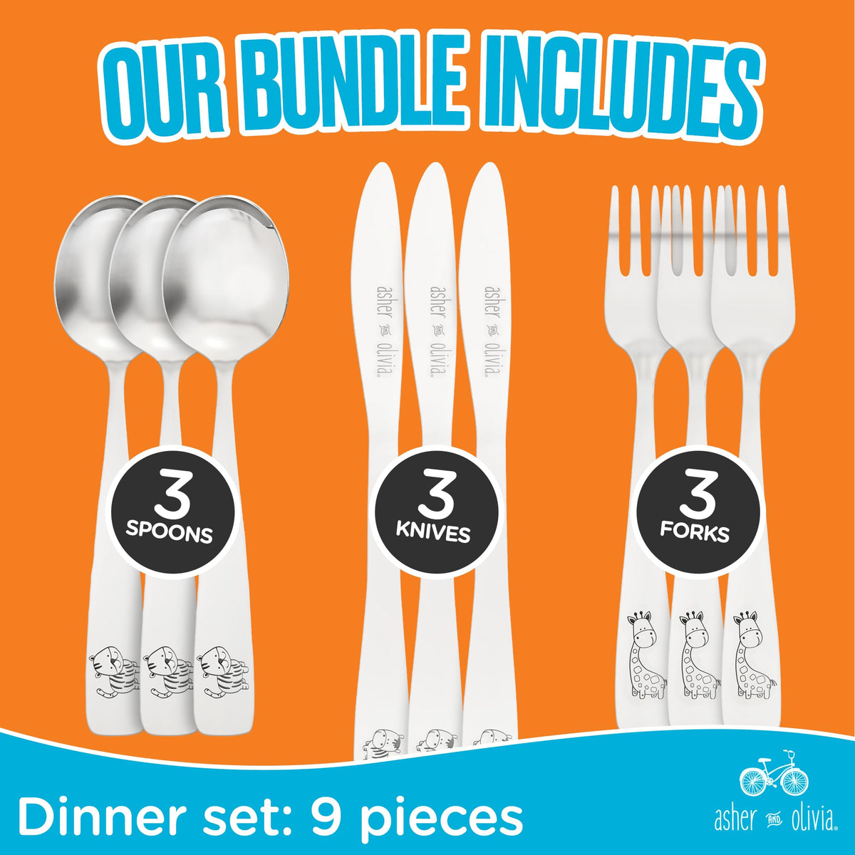 Juego de cubiertos de acero inoxidable para niños, 9 y 24 unidades de utensilios para bebés, cubiertos de metal para preescolar, bebés, niños, bebés, auto alimentación, lavaplatos, 9 Pack