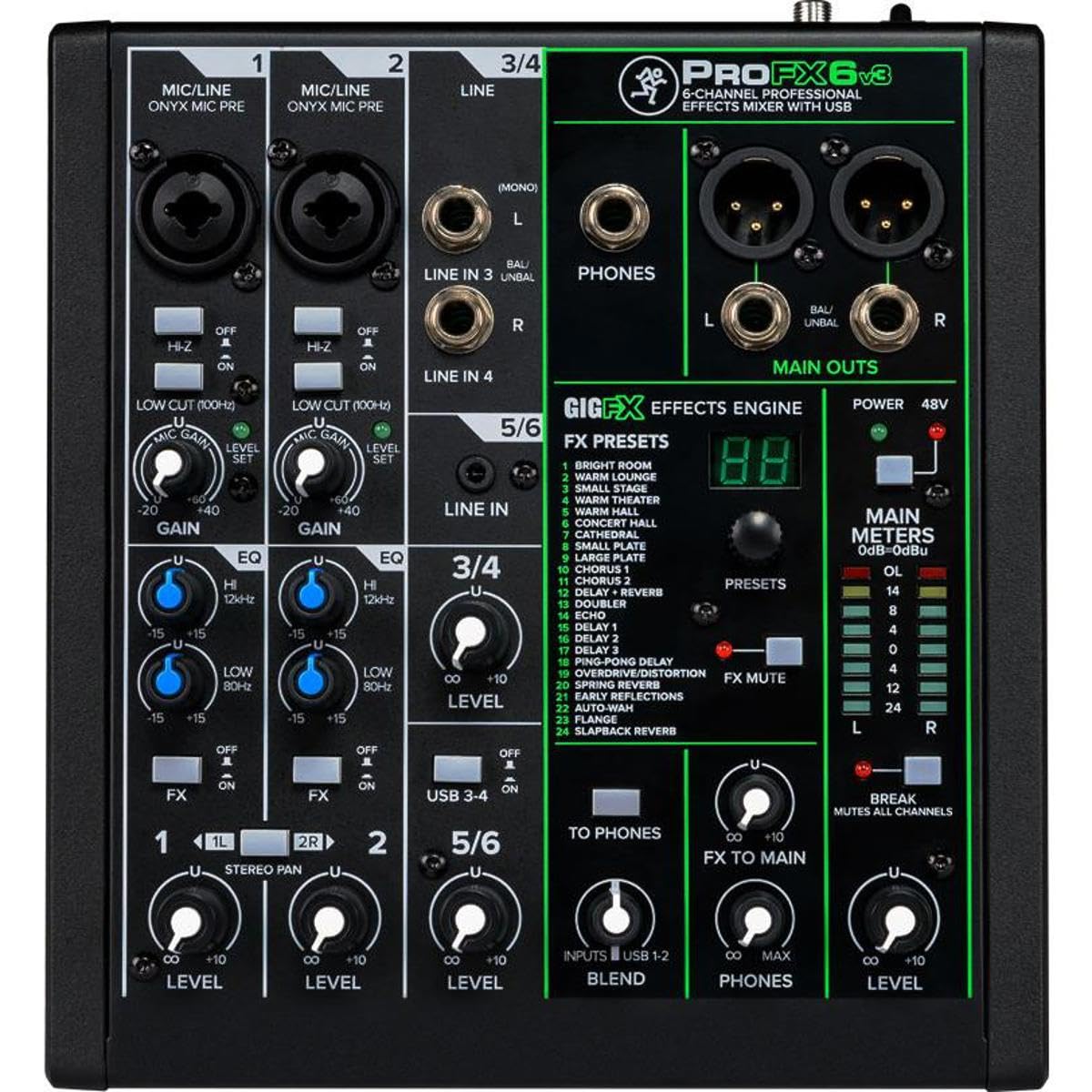 Mezclador Profesional Mackie Effects USB 6 Canales ProFXv3 Preamplificadores Onyx Motor GigFX
