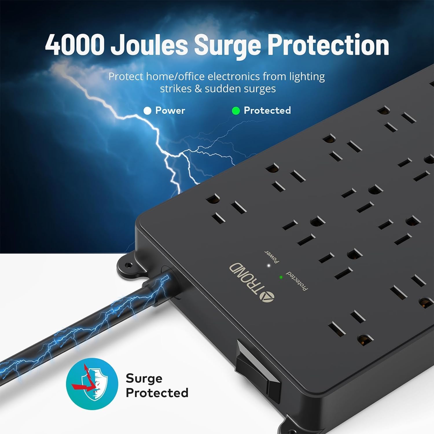 TROND Enchufe Multiple Regleta Multicontacto, Regleta con Protector contra sobretensiones, tomacorrientes de 22 CA con 4 USB(2 USB C), 4000J, certificación ETL, Enchufe Plano 10ft De Alta Resistencia