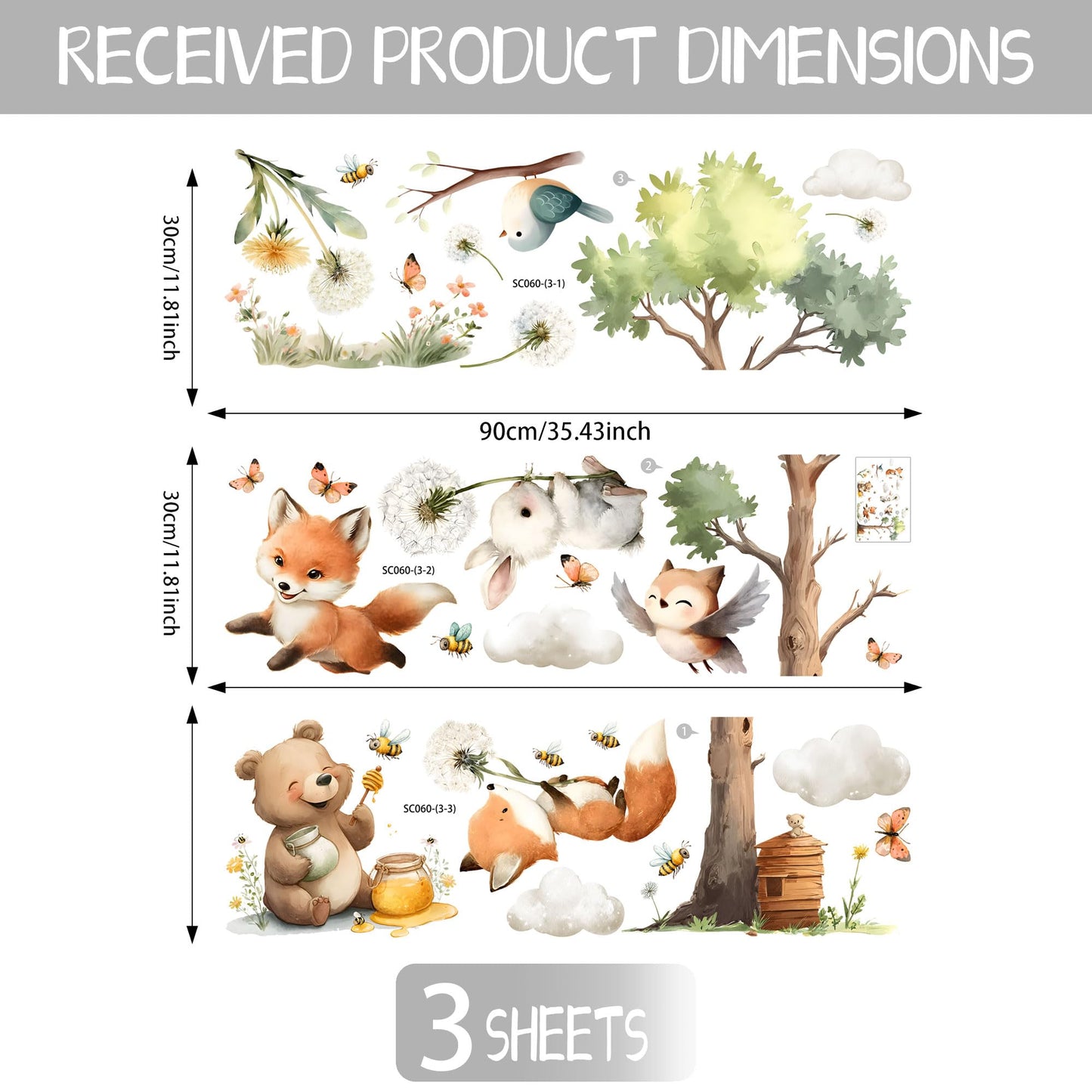 Calcomanías de pared de animales, lindas calcomanías para guardería, animales osos, flores, mariposas, pájaros, nubes, árboles, pelar y pegar, calcomanías de pared, guardería, recámara, sala de estar