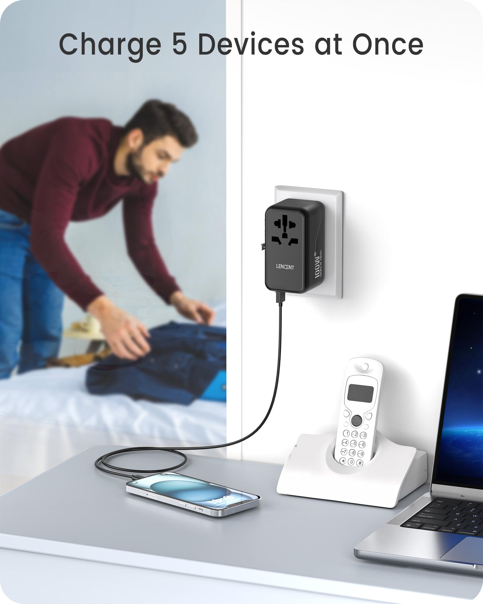 LENCENT Adaptador Universal de Viaje, GAN III 100W Adaptador Internacional con 2 USB QC4.0&2 USB-C PD3.0 Carga Rápida, Cargador Mundial para Teléfono Móvil, Portátil, Negro