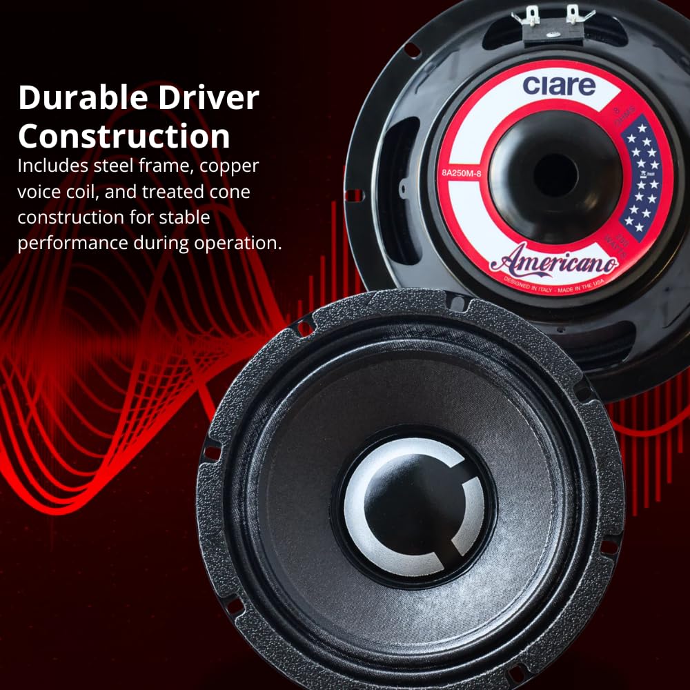 Ciare Americano 8A250M-4, altavoz de rango medio de 8 pulgadas, 4 ohmios, driver de audio de coche de 250 W, bobina de voz de cobre de 1.5 pulgadas, refrigeración del motor ventilado, cono resistente