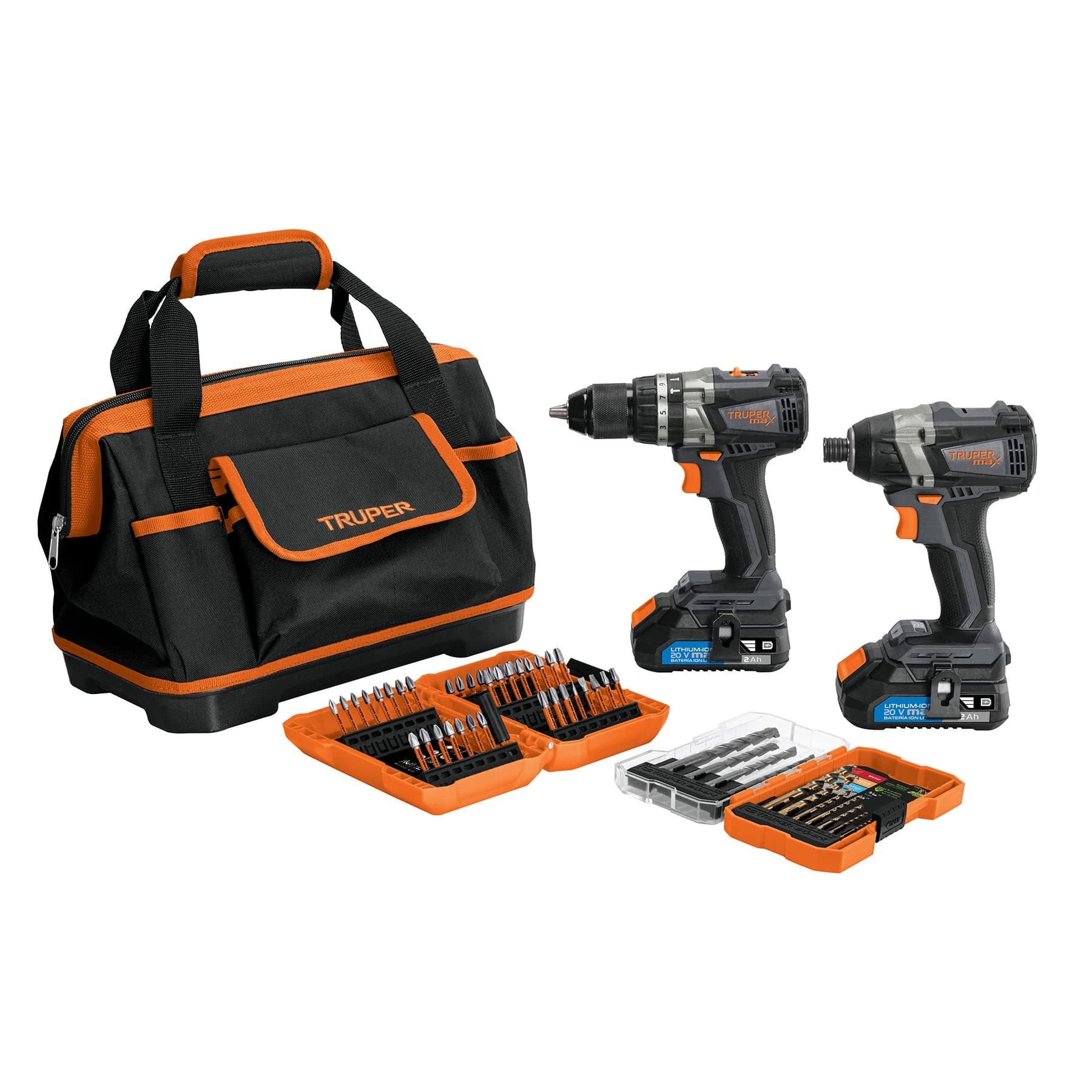 Truper Max MAXCOM-20, Combo Rotomartillo 1/2" y Destornillador inalámbrico 1/4", motor libre de carbones (brushless) con 2 baterías de 2 Ah, maleta de 13" y juego de 11 brocas, 20 V