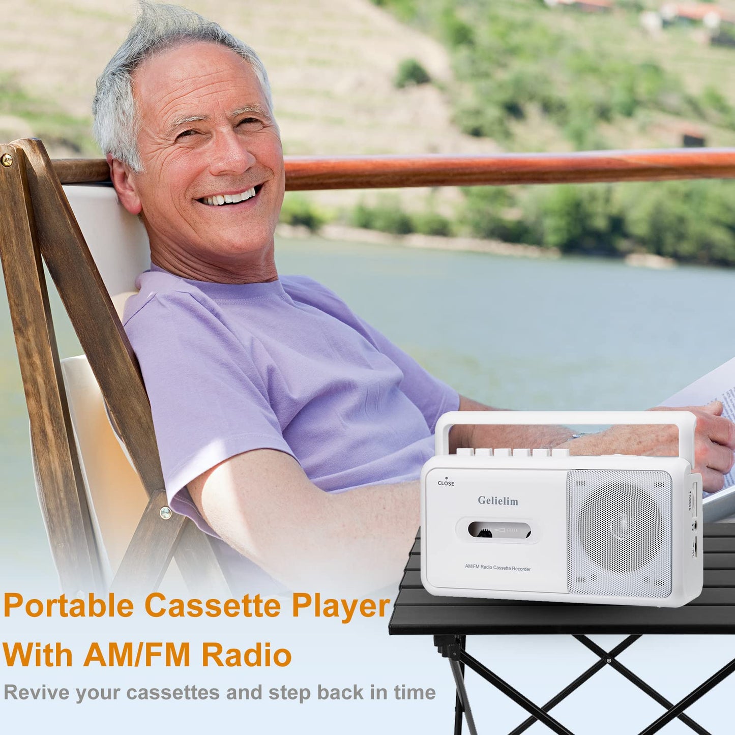 Gelielim Boombox - Reproductor de cassette, radio estéreo portátil AM/FM, reproductor de cinta de casete con altavoz grande y conector para auriculares, funciona con pilas o reproductor de cinta con alimentación de CA