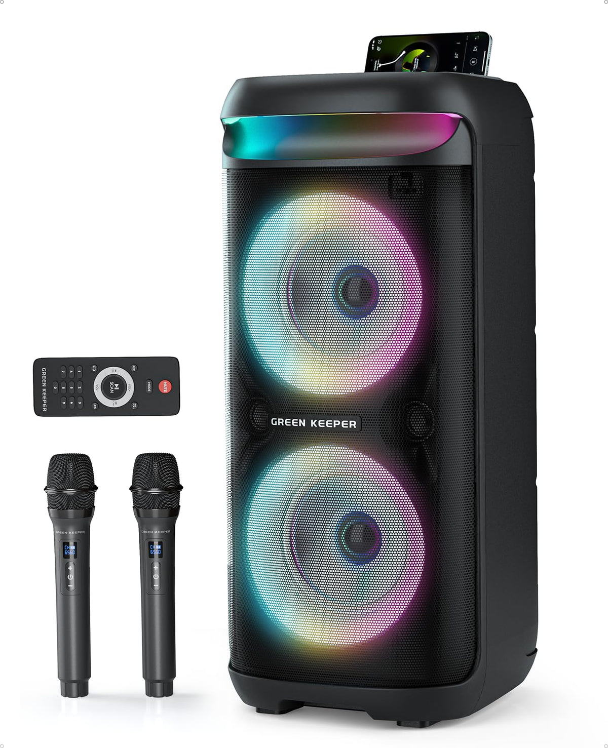Sistema de Karaoke Profesional GKD60 Negro con 2 Micrófonos Inalámbricos y Altavoz Bluetooth de 500W