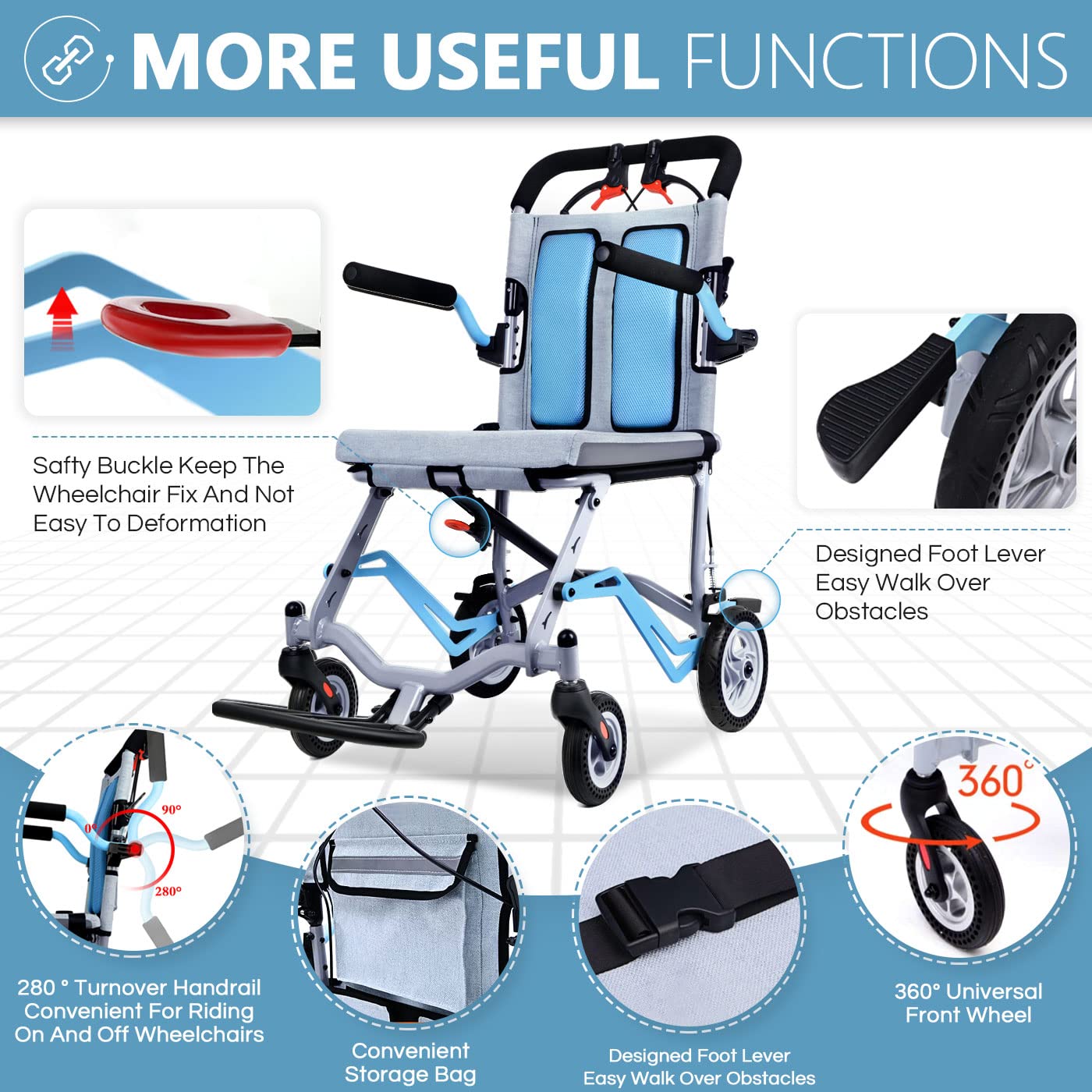 Silla de Ruedas Ultraligera de Aluminio Azul Portátil y Plegable Para Viaje