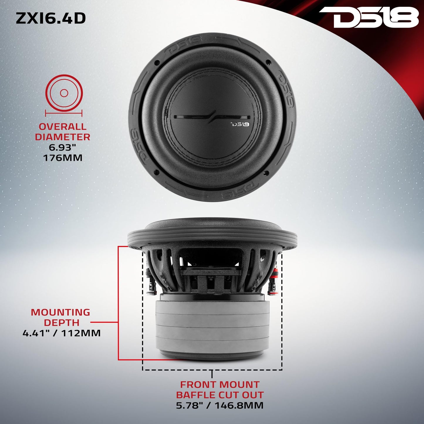 DS18 ZXI6.4D - Subwoofer de Audio para Coche de Alta excursión de 6.5 Pulgadas, 700 W, Bobina de Voz Dual de 4 ohmios, 4 imanes (1 Altavoz)