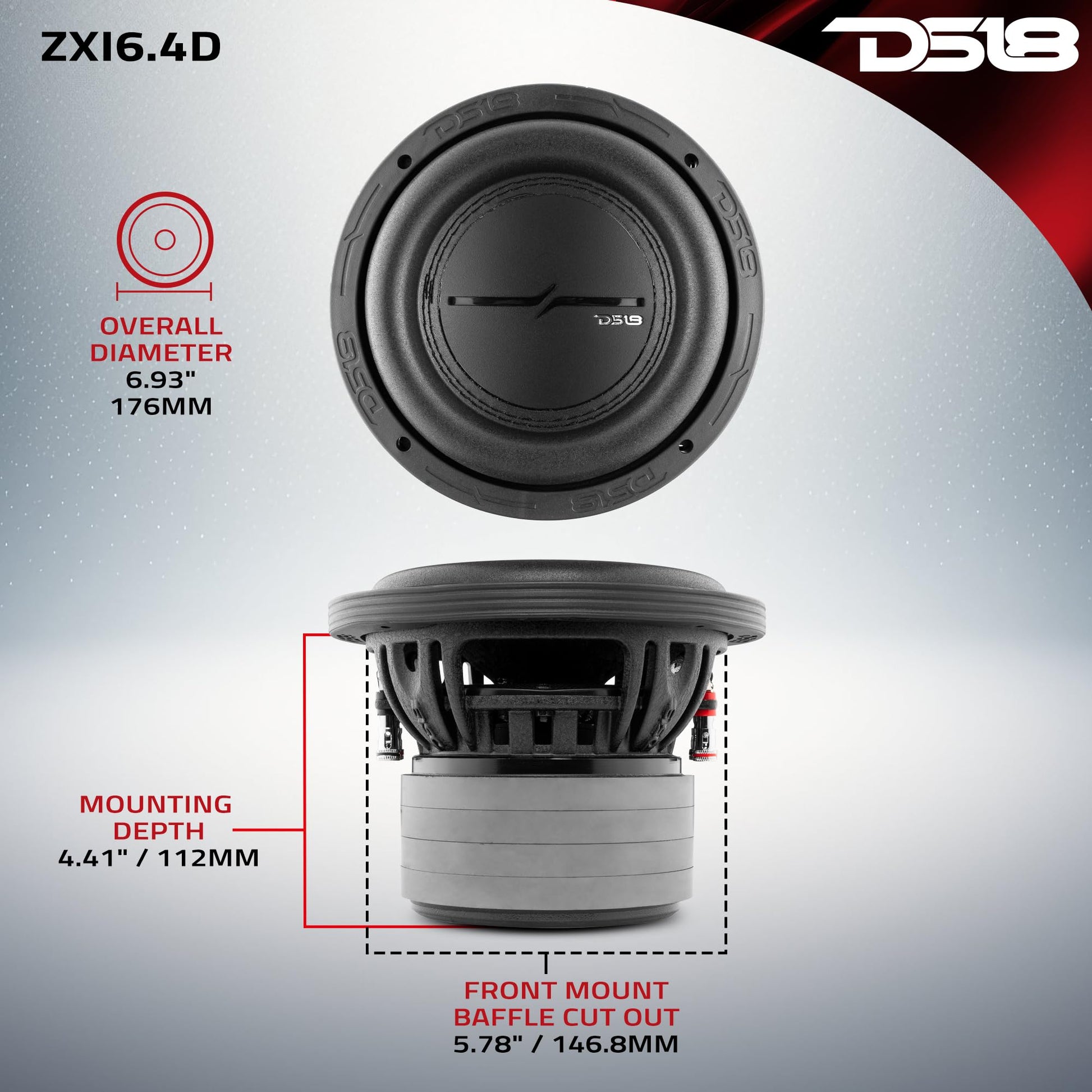 DS18 ZXI6.4D - Subwoofer de Audio para Coche de Alta excursión de 6.5 Pulgadas, 700 W, Bobina de Voz Dual de 4 ohmios, 4 imanes (1 Altavoz)