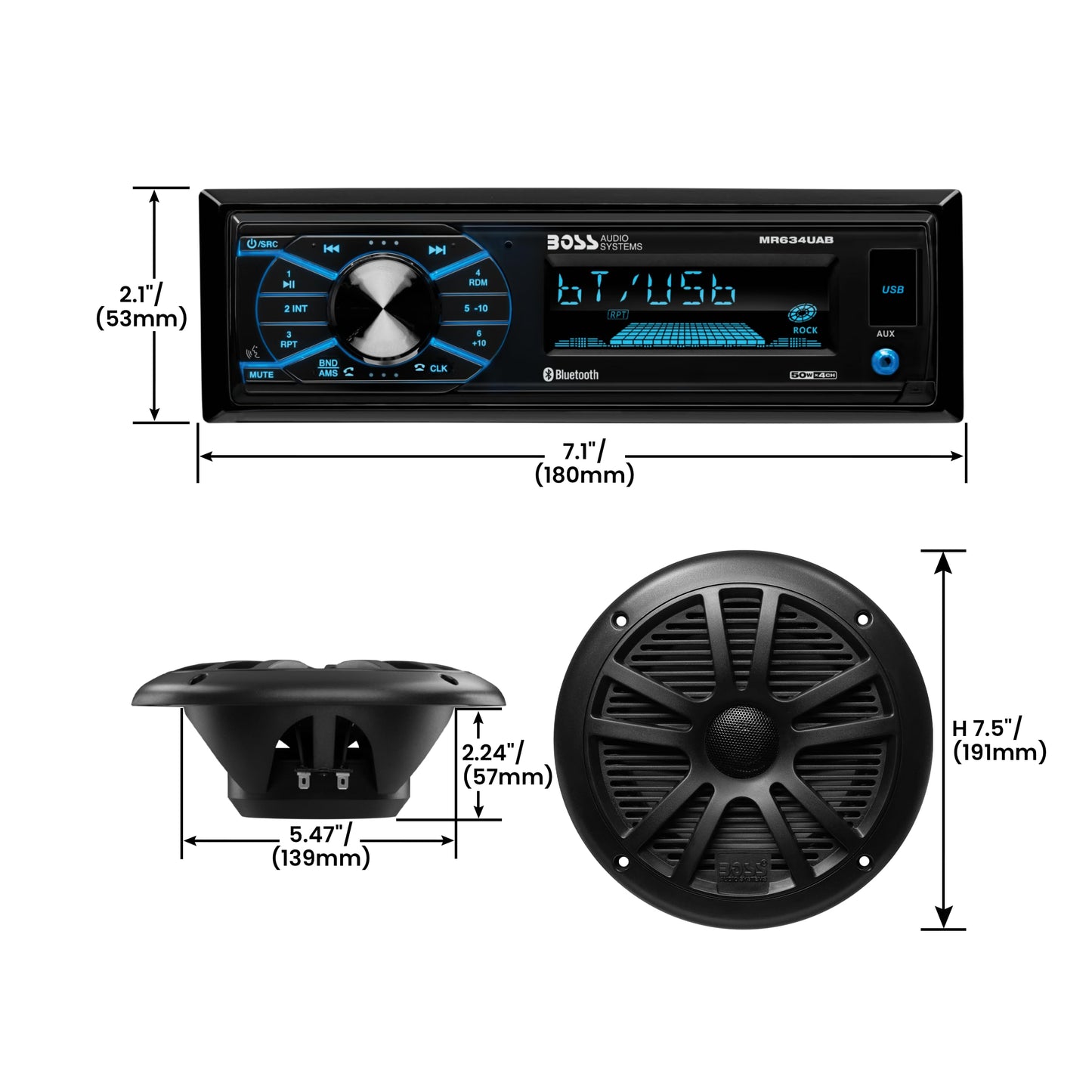 Boss Audio Systems MCBK634B.64 Paquete de Altavoces Receptor Marino Resistente a la Intemperie – Receptor MR634UAB, USB, Radio Am/FM, sin Reproductor de CD, Audio Bluetooth, Cuatro Altavoces MR6B de