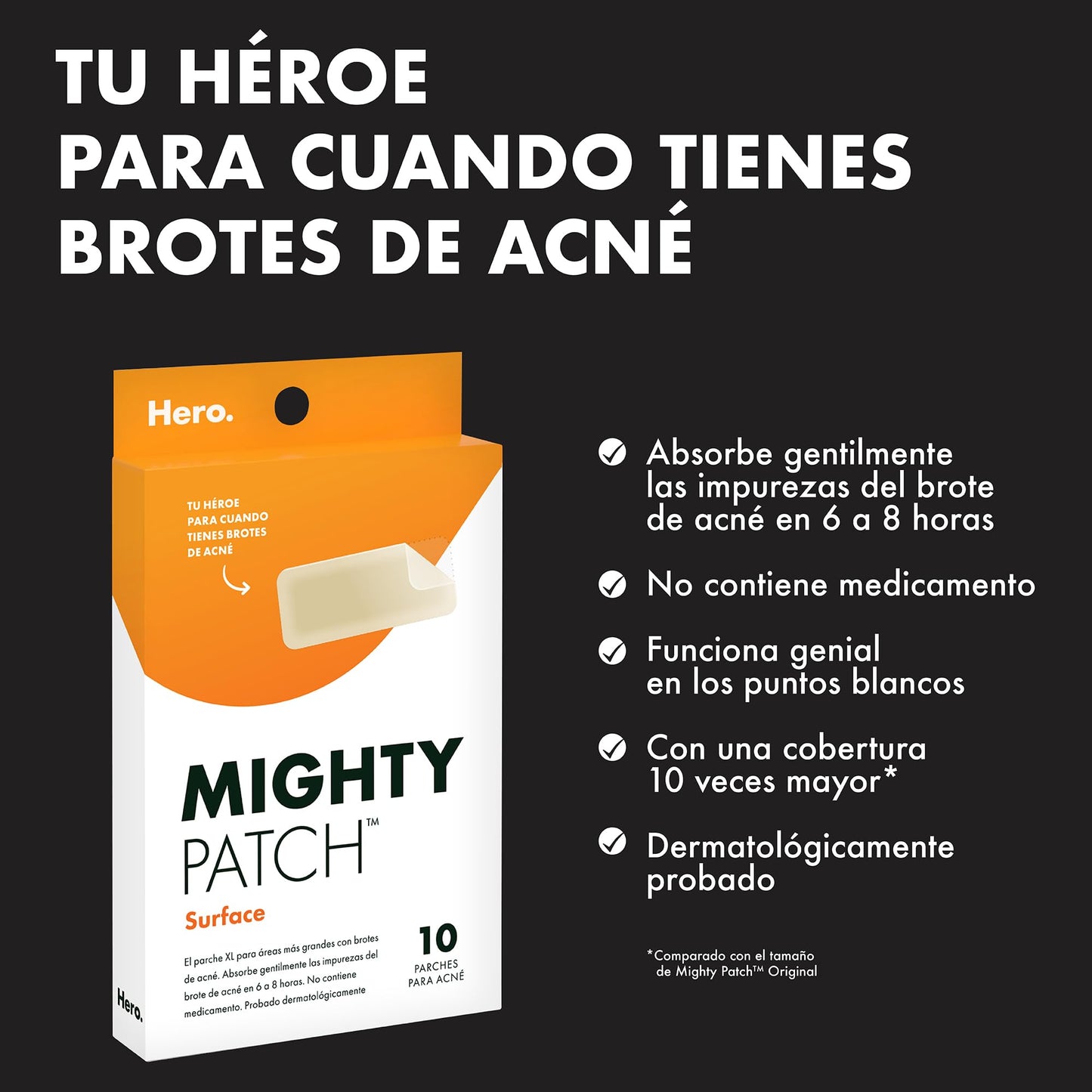 Hero Mighty Patch Surface, 10 Parches XL con Hidrocoloide para el Acné, Uso en Cuerpo, Mejillas, Espalda y Frente