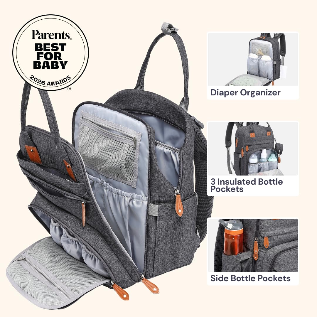 BabbleRoo - Mochila para pañales, multifuncional, impermeable, bolsa de pañales para bebé, con cambiador, correas para carriola y funda para chupete, unisex, gris oscuro