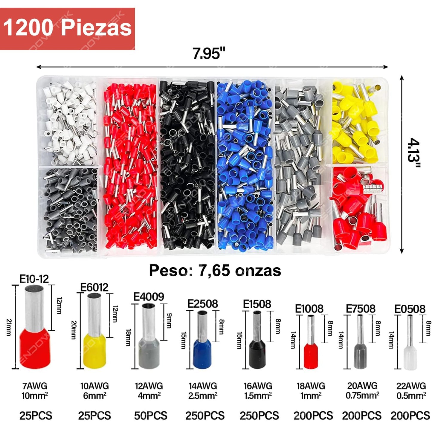 Kit de Terminales para Cable Sendowtek Azul Juego de Alicates para Cables Eléctricos HCS8 6-4A 1200pcs AWG23-7 (0.25~10mm²)