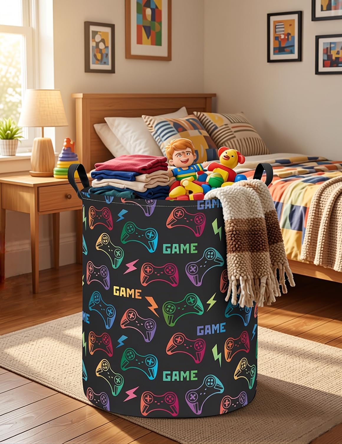 ONOEV - Cesta de almacenamiento con asa redonda plegable para juguetes, contenedor de ropa versátil para niños y niñas (juego)