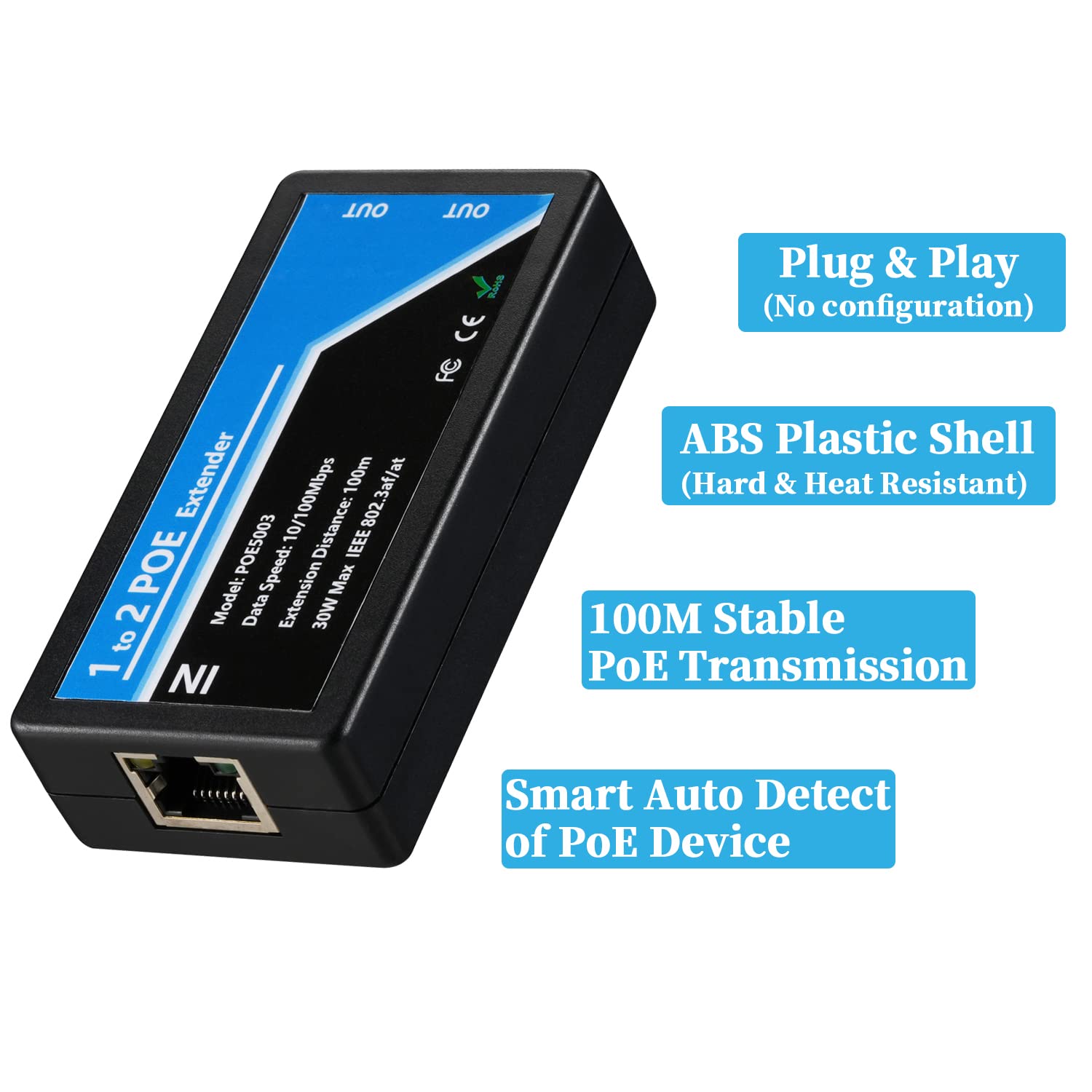 RevoTech - Extensor PoE de 2 Puertos PoE+ repetidor de 100 Metros (336 pies) Extensor 1 en 2 Salida Cumple con IEEE 802.3af/at estándar 10,100 Mbps para cámara PoE de Seguridad sobre Cables Cat5/Cat6