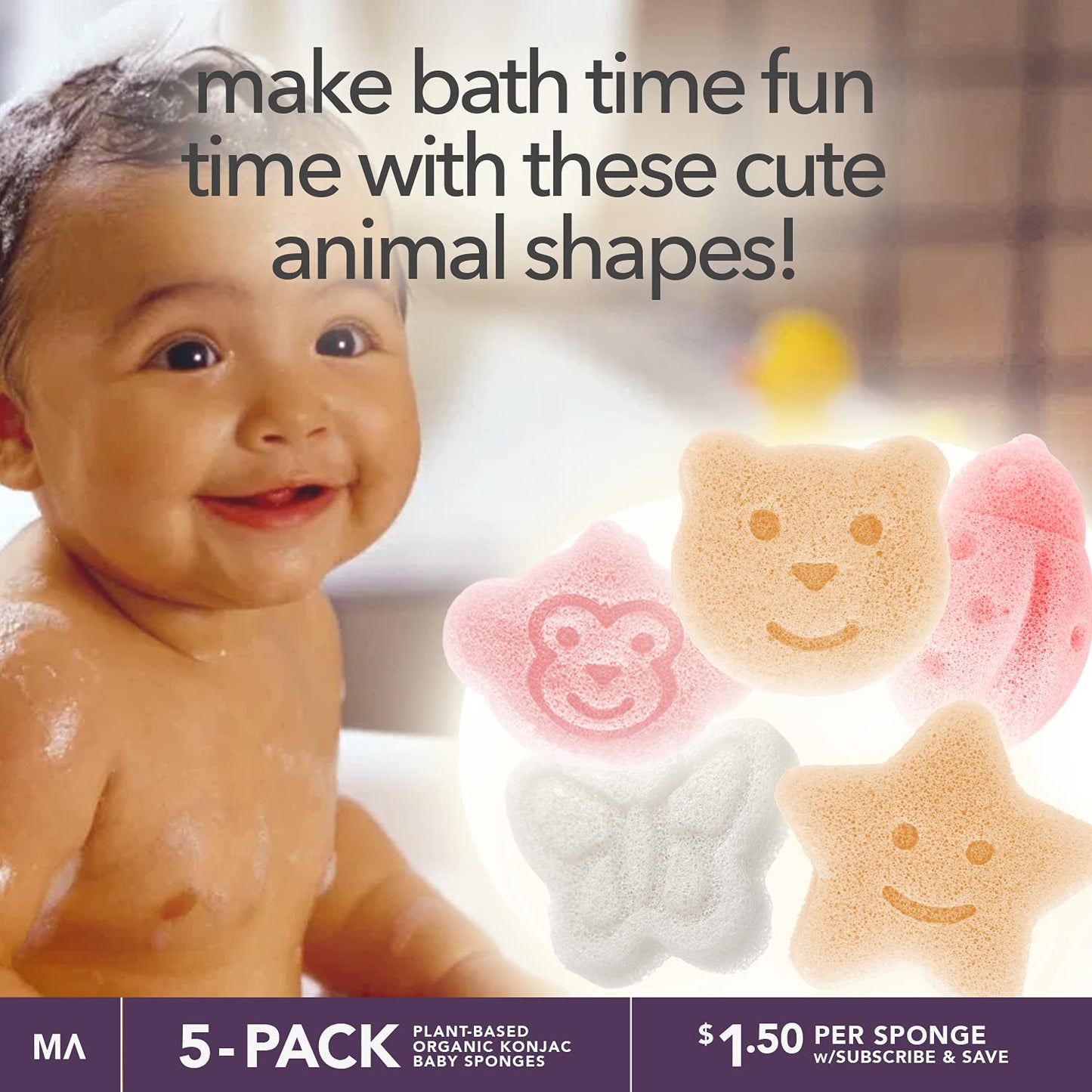 Konjac - Esponja para bebé para bañarse, formas naturales lindas, esponjas de baño para niños, hora del baño de niños pequeños, segura a base de plantas orgánicas, juego de 5 piezas: oso, mono, mariposa, mariquita, estrella