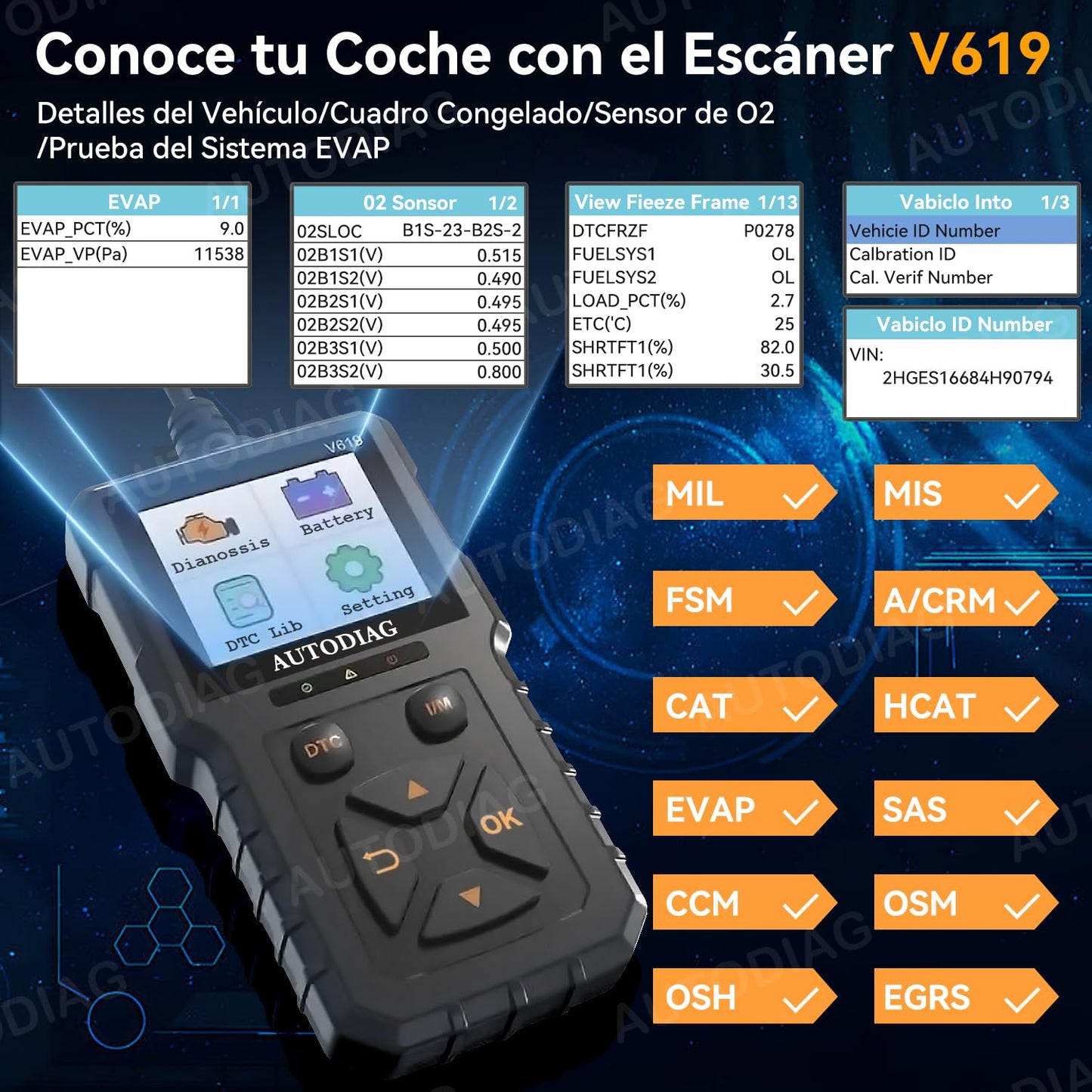 AUTODIAG Escáner OBD2 V619, Escáner automotriz Profesional, Lector de códigos Universal, Diagnóstico de fallas del Motor, Herramienta de diagnóstico para los Coches de protocolo OBD2