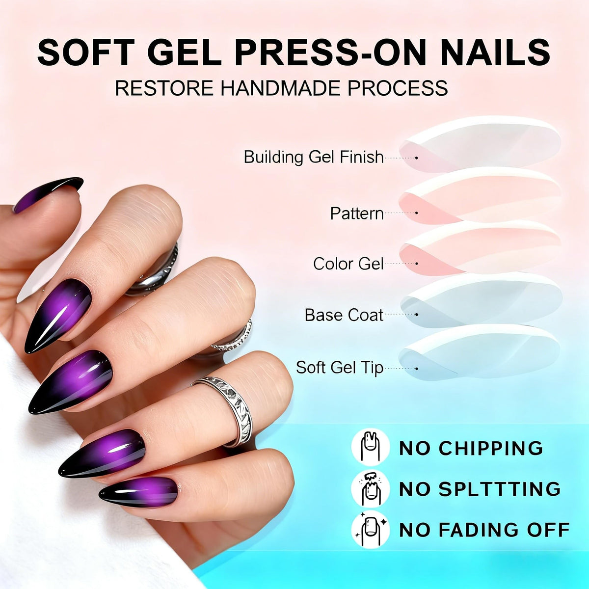 SXVME Uñas postizas en almendra, degradado ruborizado rosa fuerte y negro, stiletto mediano, uñas postizas francesas con degradado, calidad de salón, uñas góticas reutilizables de gel suave para mujer