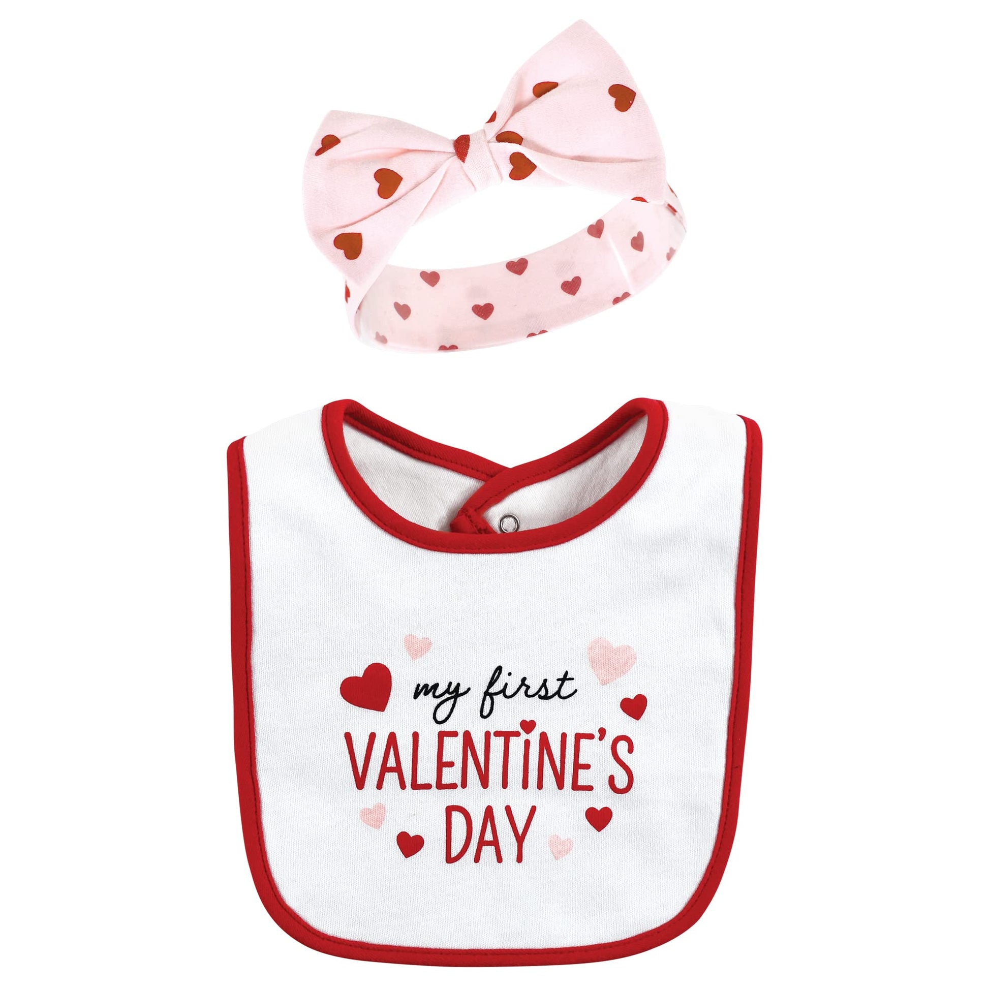 Hudson Baby Conjunto de babero y diadema o gorras unisex de algodón para bebé, corazón de San Valentín, talla única