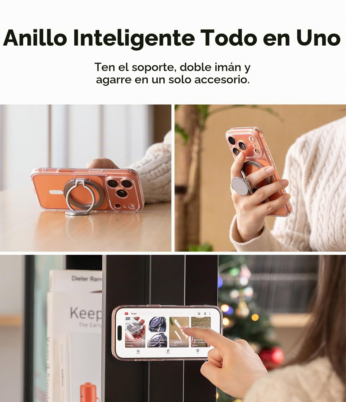 Soporte Magnético Dual Ringke Satin Silver con Bisagra Ajustable Multiángulo para iPhone, Galaxy, Pixel y Otros Celulares Compatible con MagSafe