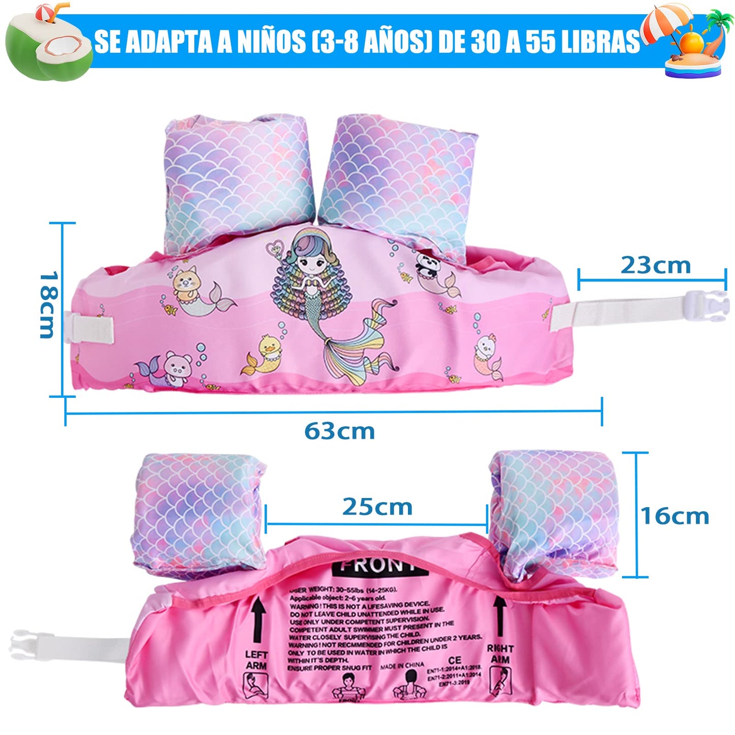 Chaleco Salvavidas VVYY8985 Sirena Ajustable para Niños y Niñas 3 a 8 Años