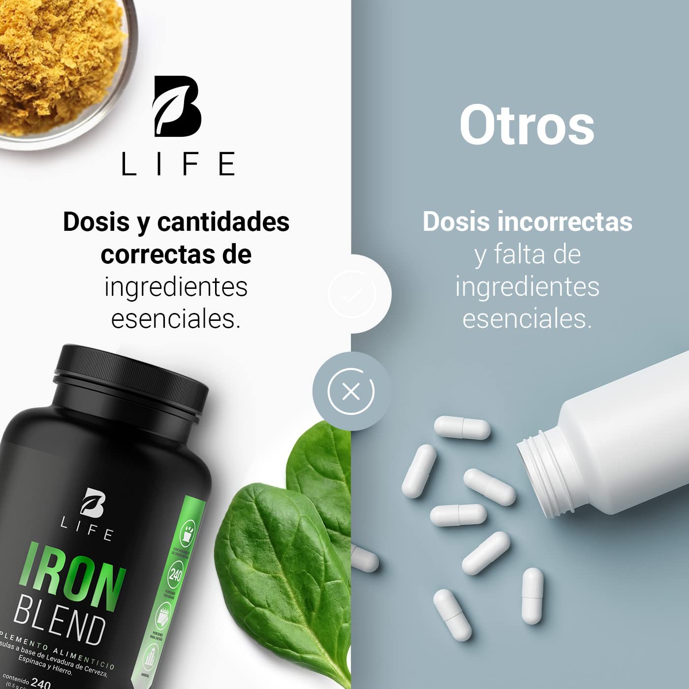 Hierro de 240 Cápsulas con Levadura de Cerveza y Espinaca. Ingredientes naturales. Iron Blend B Life.