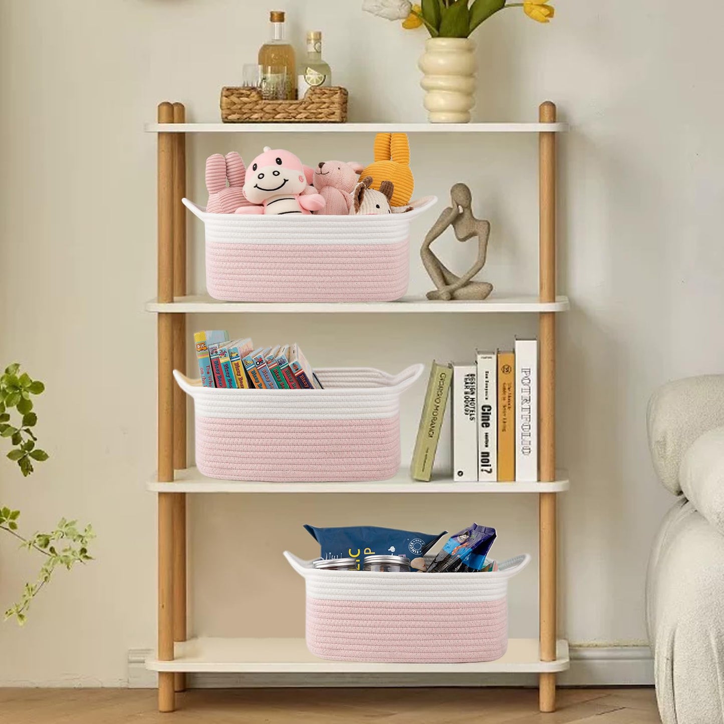 OIAHOMY Cesta tejida pequeña con bolsas de regalo y cintas, cesta de regalo vacía para bebé, cesta de almacenamiento con asas para orejas de gato para estante, sala de estar, baño, cesta de juguetes