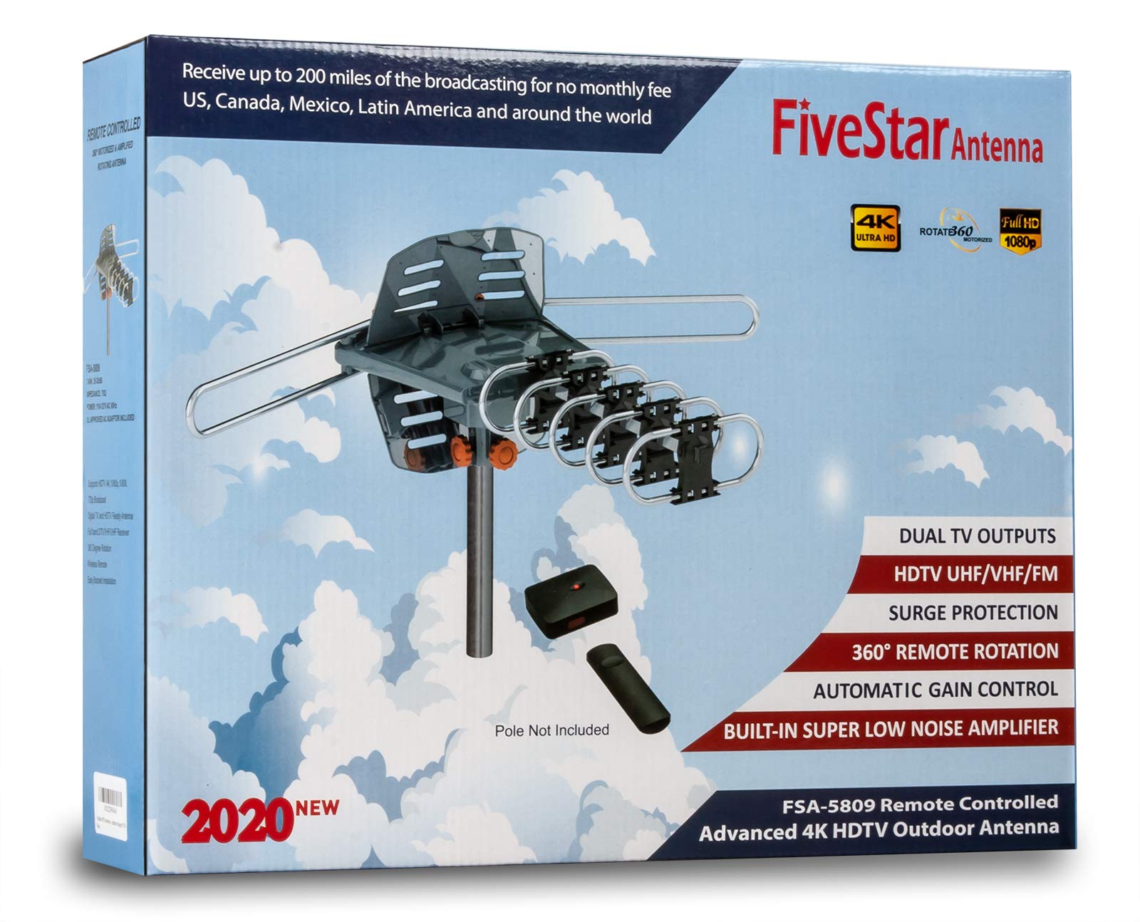 Five Star Antena HDTV amplificada digital para exterior, rango 241 m, control remoto inalámbrico, rotación 360 grados, equipo de instalación de cable coaxial RG6 30 m, poste de montaje, 5 televisores