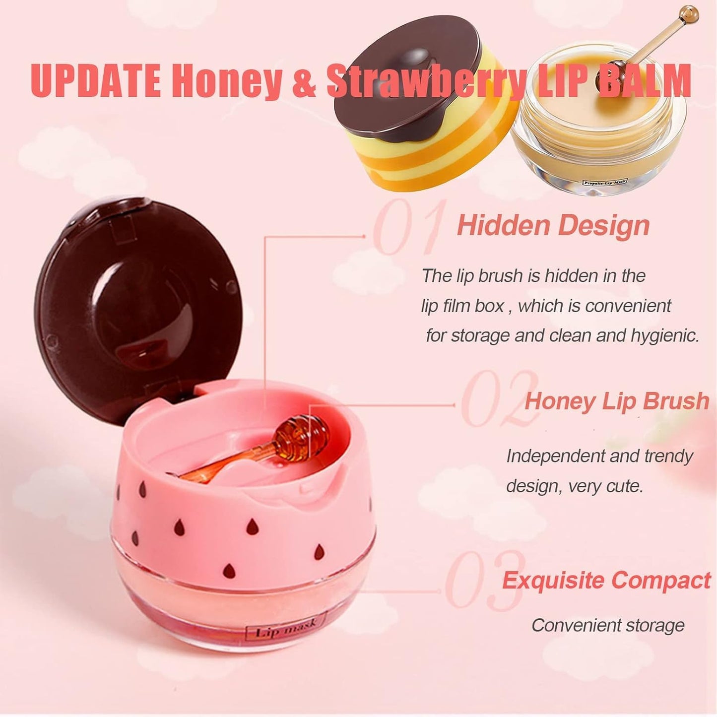 Bálsamo Labial de Miel de Abeja,Bálsamo Labial Hidratante con Propóleo,Bálsamo Labial Hidratante de Miel con Propóleo,Hidratación y Prevención de Labios Secos y Agrietados (Strawberry Pot)