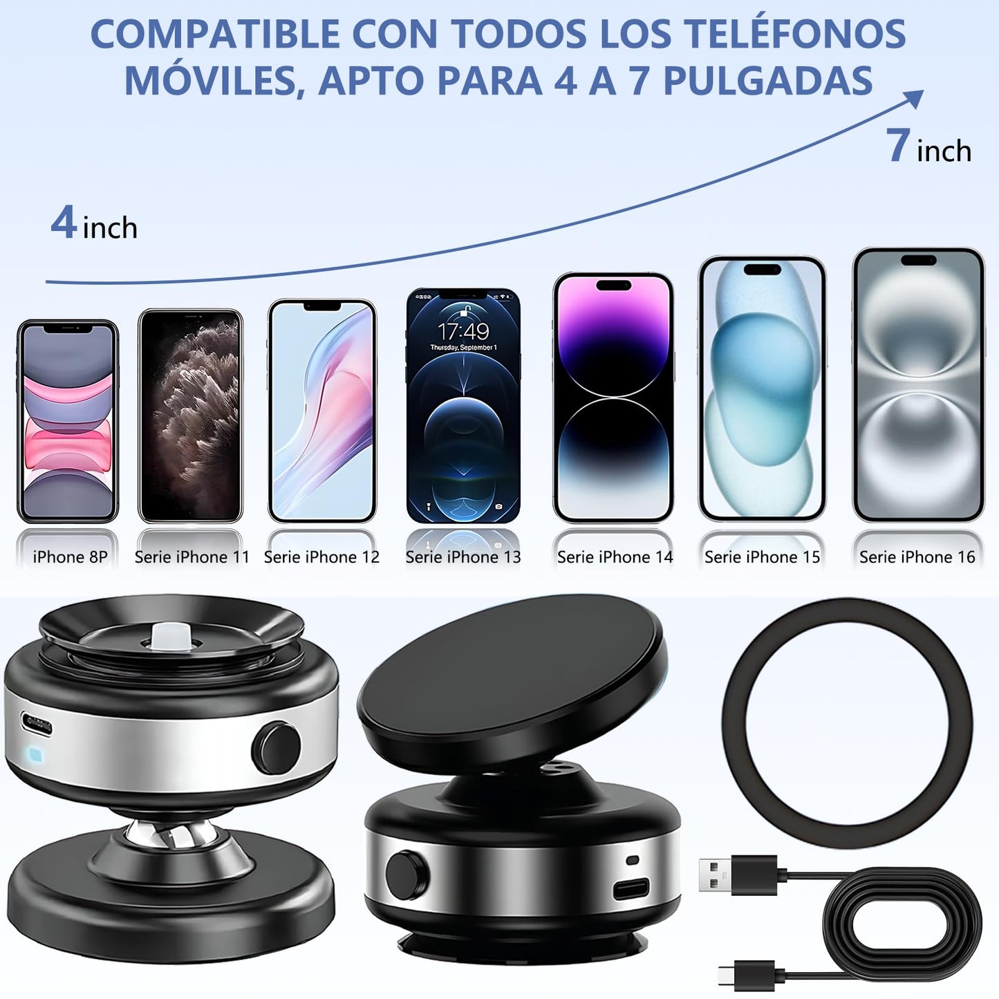 Soporte Celular Automóvil Magnético，sujetador de celular para auto giratorio de 360°，Con anillo magnético y ventosa，Compatible con todos los teléfonos móviles，Adecuado para parabrisas/salpicaderos