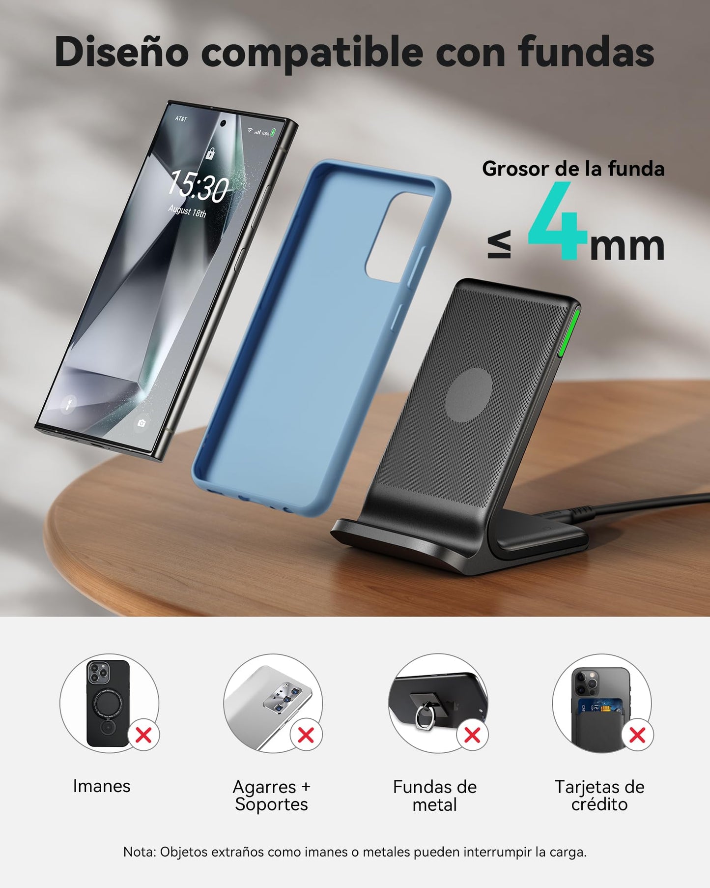 INIU Cargador Inalámbrico, 15W Qi Estación de Carga Inalámbrica，Wireless Base de Carga Rapida con Cable USB-C 1M, Accesorios para Celular iPhone 16 Pro MAX 15 14 13，Samsung s25 Ultra s24 s23 s21 etc.