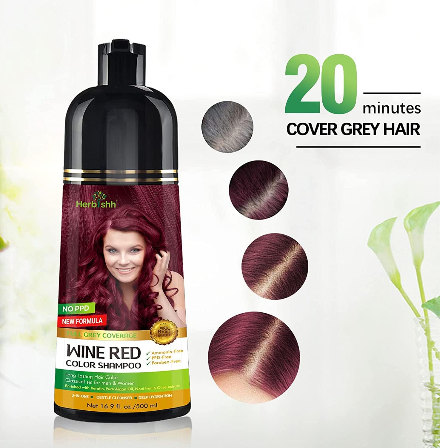 Herbishh - Champú colorante para cabello gris, champú con tinte natural para el cabello, colorea el cabello en minutos, dura hasta de 3 a 4 semanas, 500 ml, tinte de cabello 3 en 1, sin amoniaco | (rojo vino)