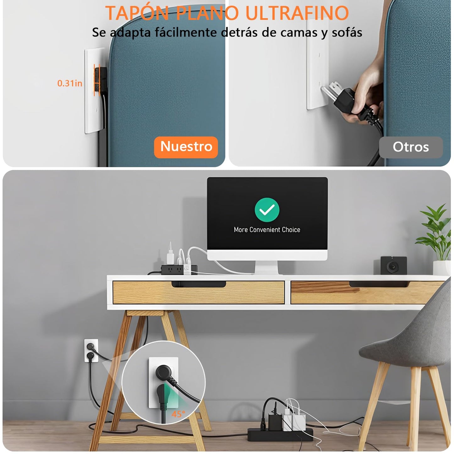 TDVCVZSD 13 en 1 Regleta con Clip para Escritorio, Protector contra sobretensiones USB-C con 9 Salidas de CA y 4 USB (1 USB C), Cable de Enchufe Plano 1,8 m para Dormitorio, casa, Oficina