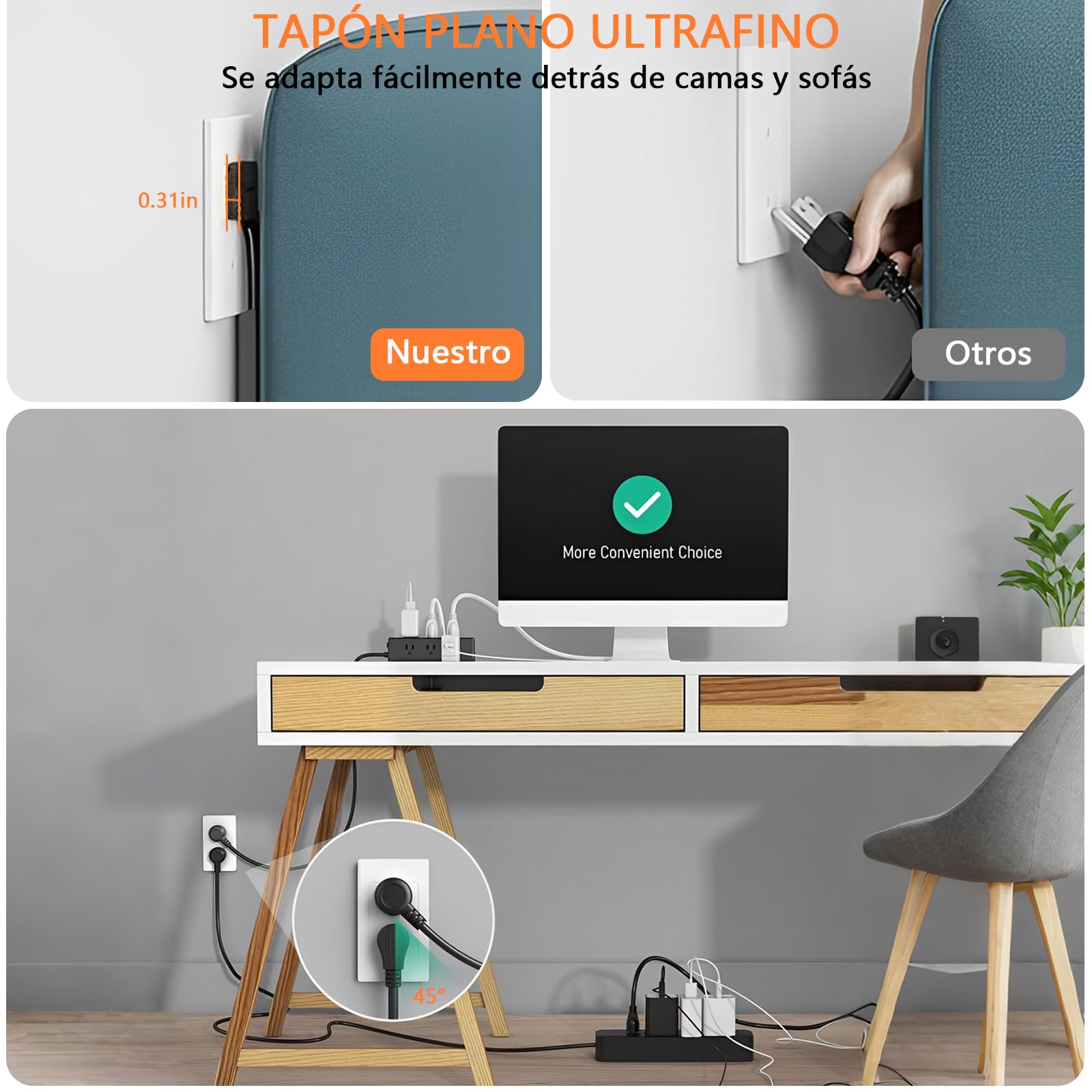 TDVCVZSD 13 en 1 Regleta con Clip para Escritorio, Protector contra sobretensiones USB-C con 9 Salidas de CA y 4 USB (1 USB C), Cable de Enchufe Plano 1,8 m para Dormitorio, casa, Oficina