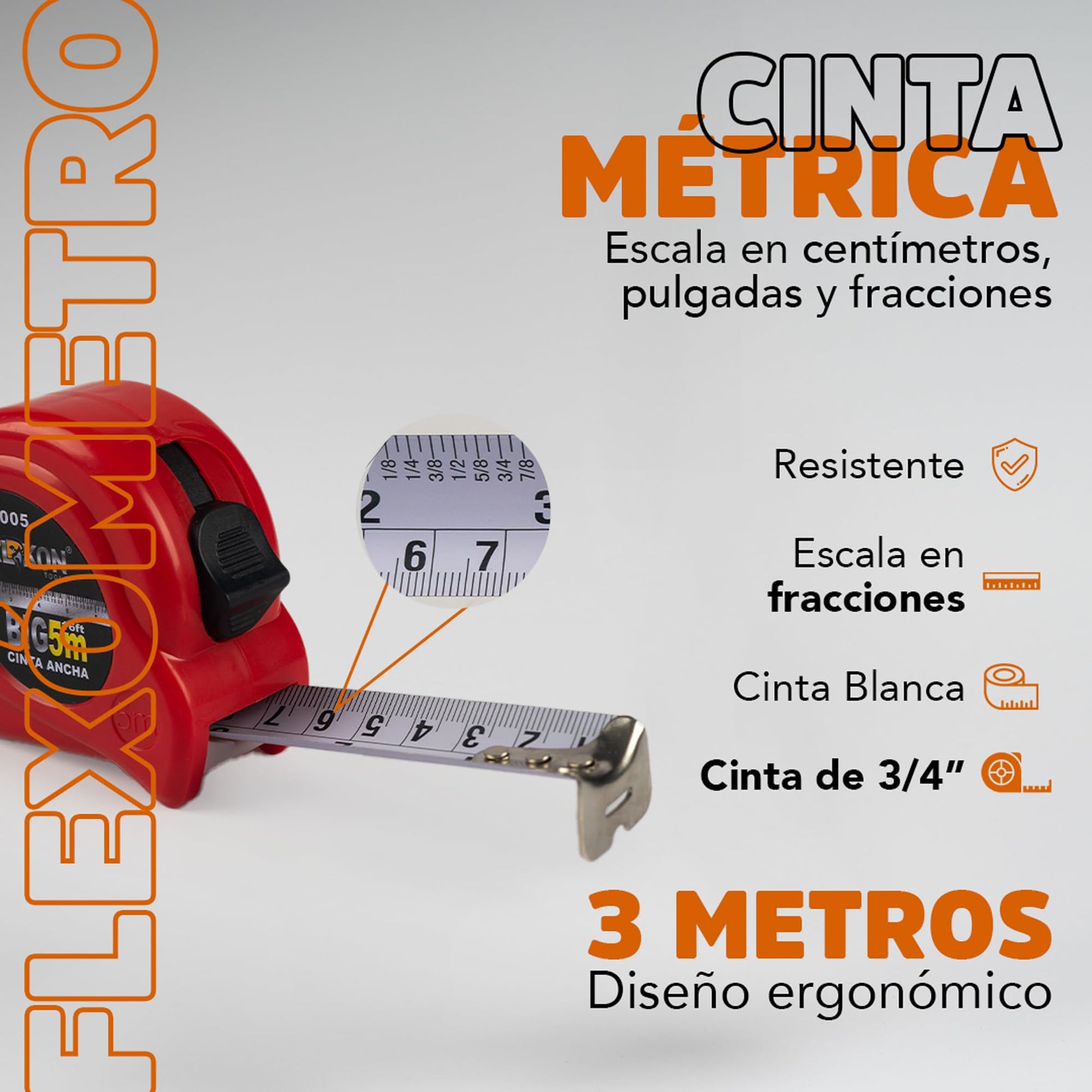 Cinta Metrica - Flexometro 3 M | Cinta Ancha de 19mm (3/4") | Herramientas Ergonómicas | Escala en Centímetros, Pulgadas y Fracciones | Cinta Blanca para Mayor Visibilidad | Rojo | WALKON